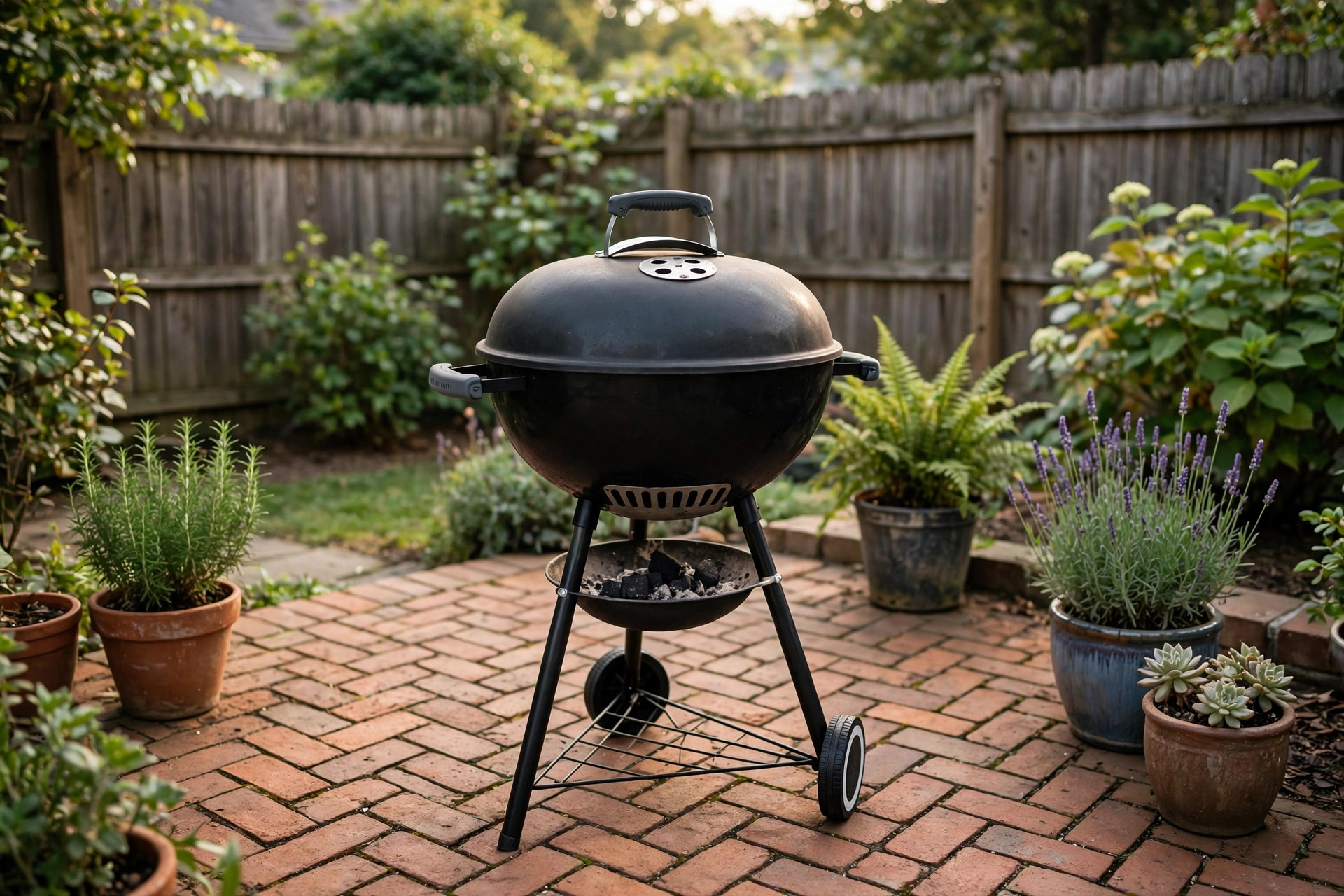 Best BBQ for small backyards reviews showing a compact kettle grill on a small brick patio