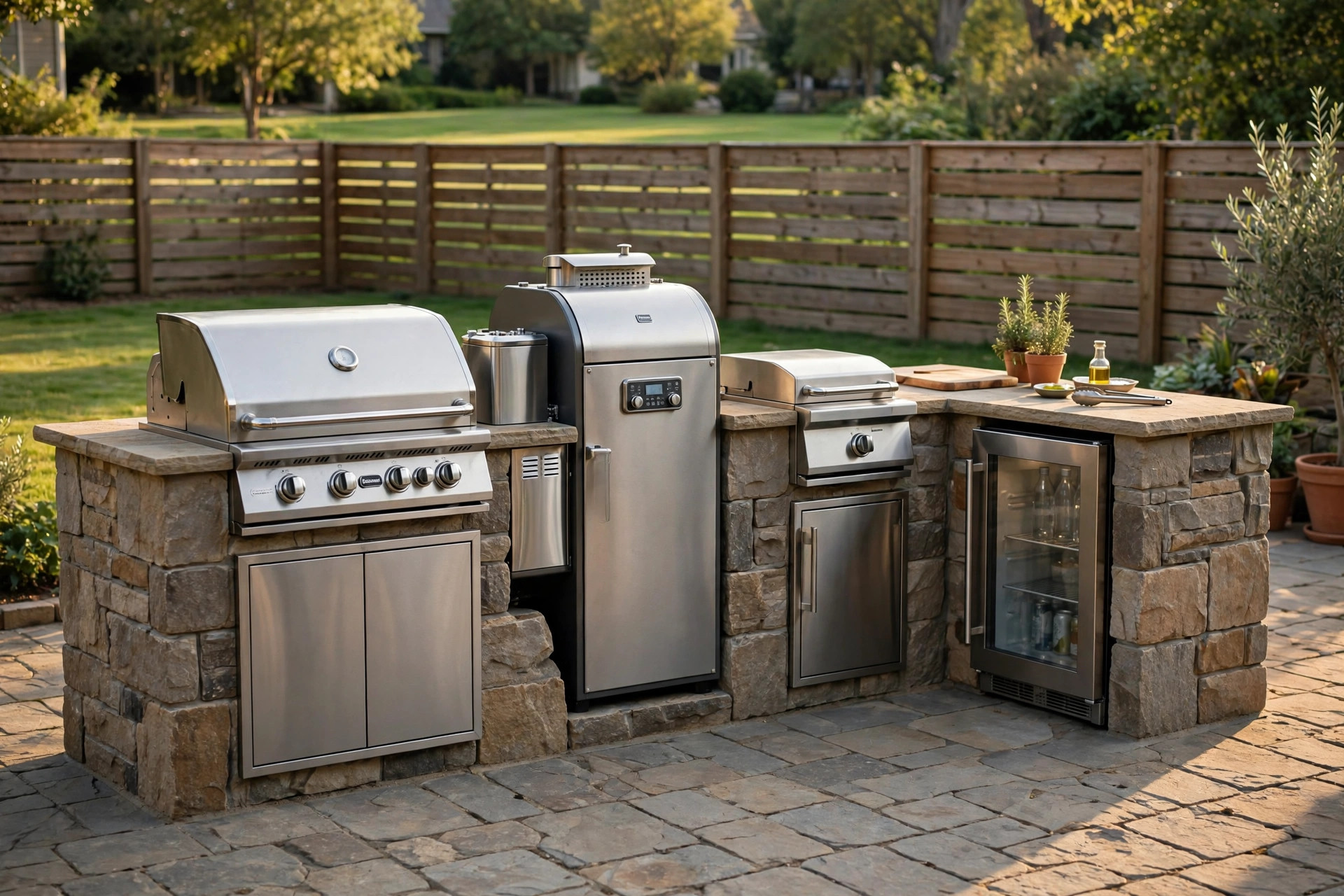 Outdoor kitchen appliance package deals on a backyard patio