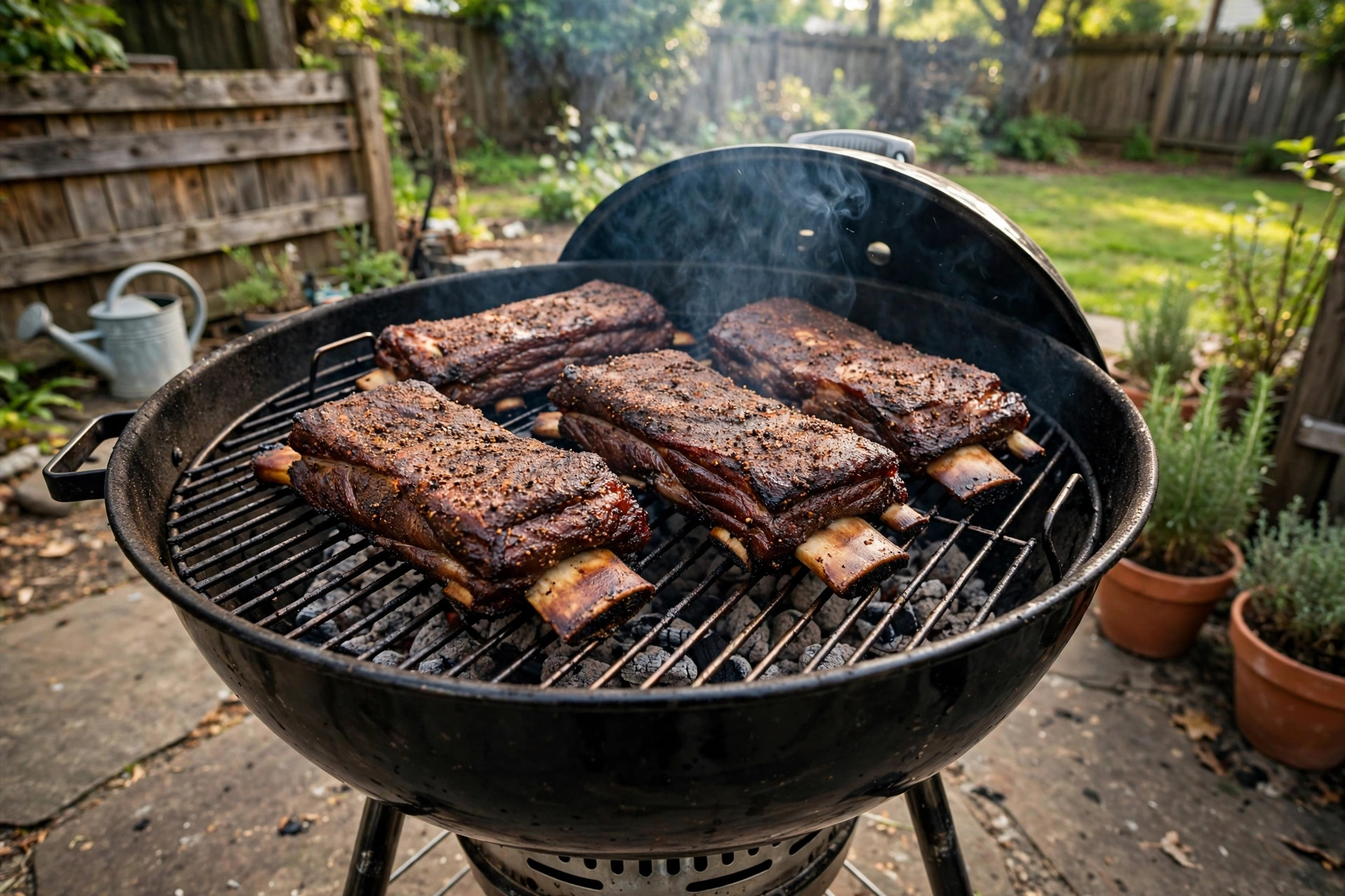 how to smoke beef ribs on grill: Smoked beef ribs on a grill in an American backyard