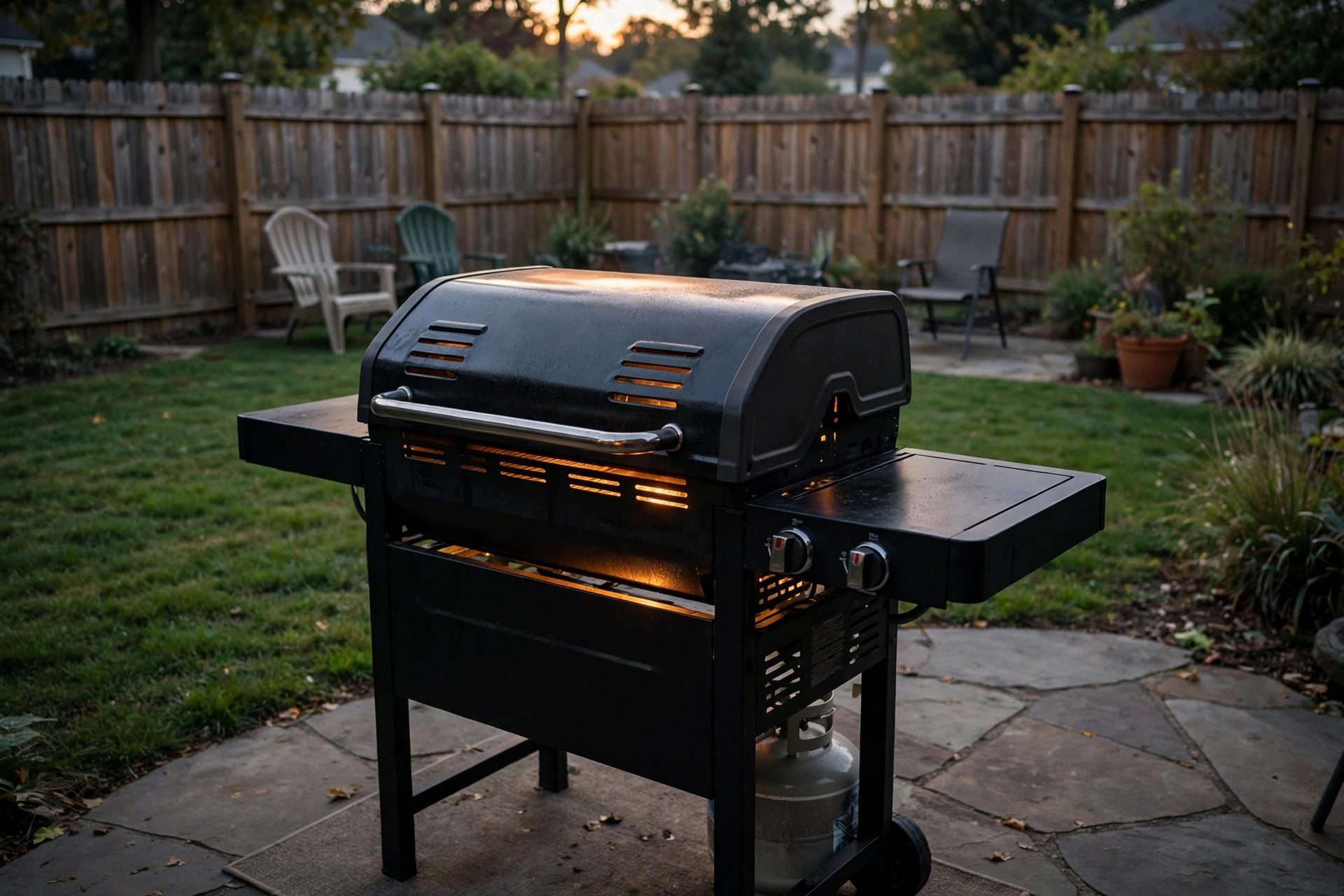A gas grill on a backyard patio, a good find among gas grill for sale near me deals