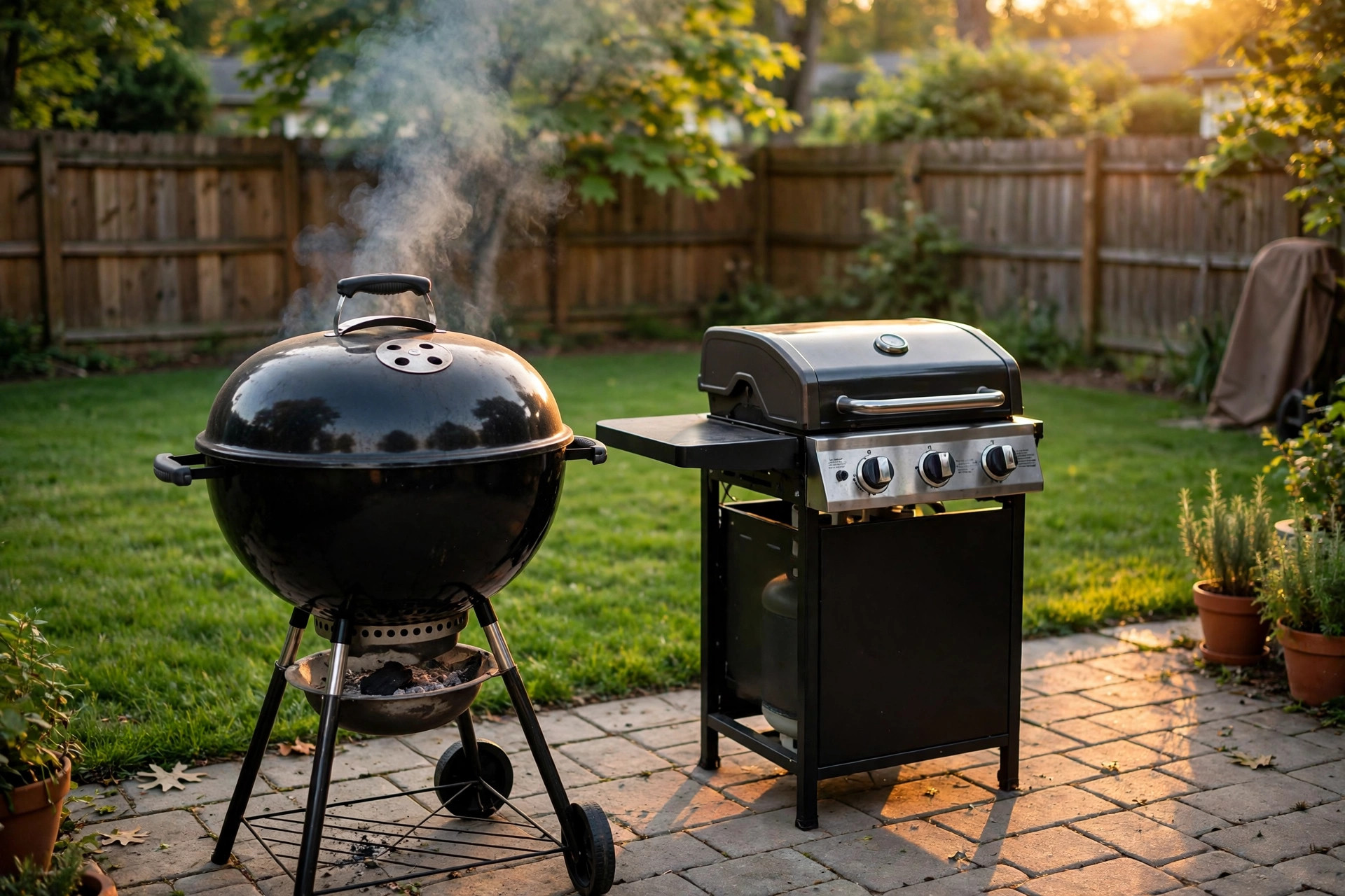 A charcoal kettle grill and a small two-burner gas grill on a suburban backyard patio, best bbq for beginners under 200