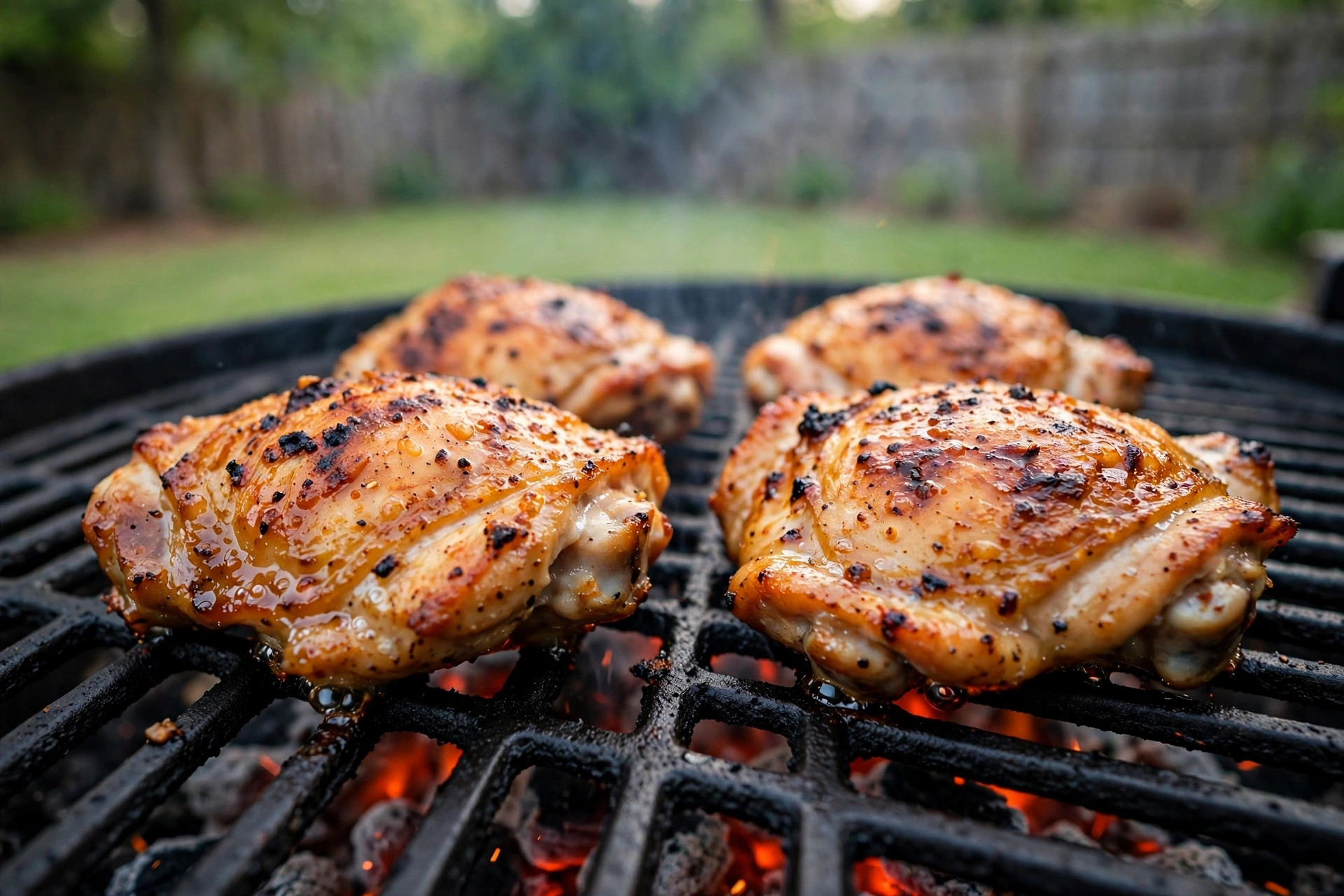 how to grill chicken thighs crispy skin: Grilled chicken thighs with crispy skin on grill grates