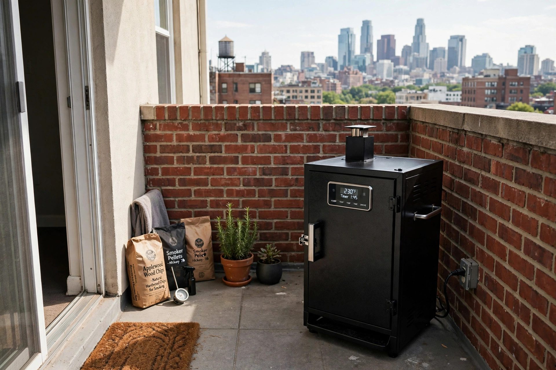 Compact smoker on a small apartment balcony, the best outdoor smoker for apartments