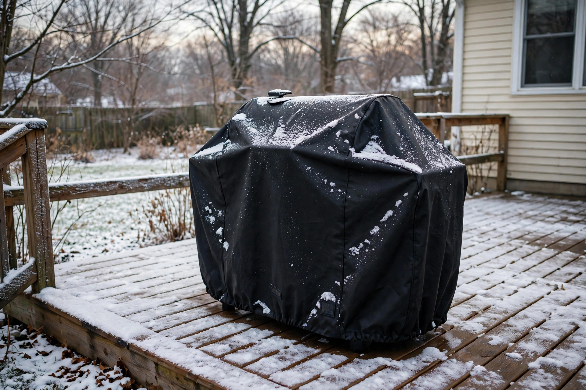 Pellet grill cover for winter reviews: covered pellet grill on a snowy patio