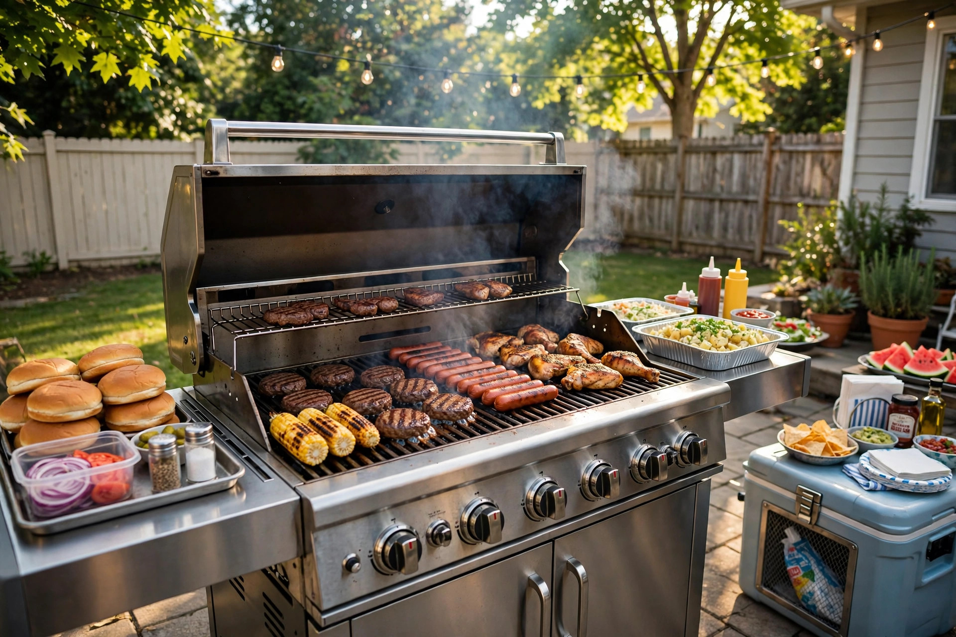 best grill for cooking for crowds: Large grill cooking burgers and hot dogs for a big backyard party