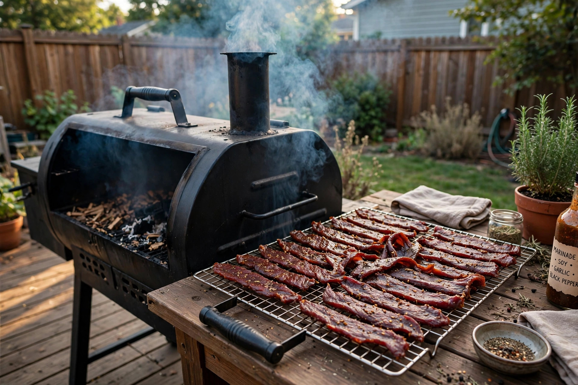 how to make beef jerky on smoker: Homemade beef jerky strips smoking on a backyard smoker