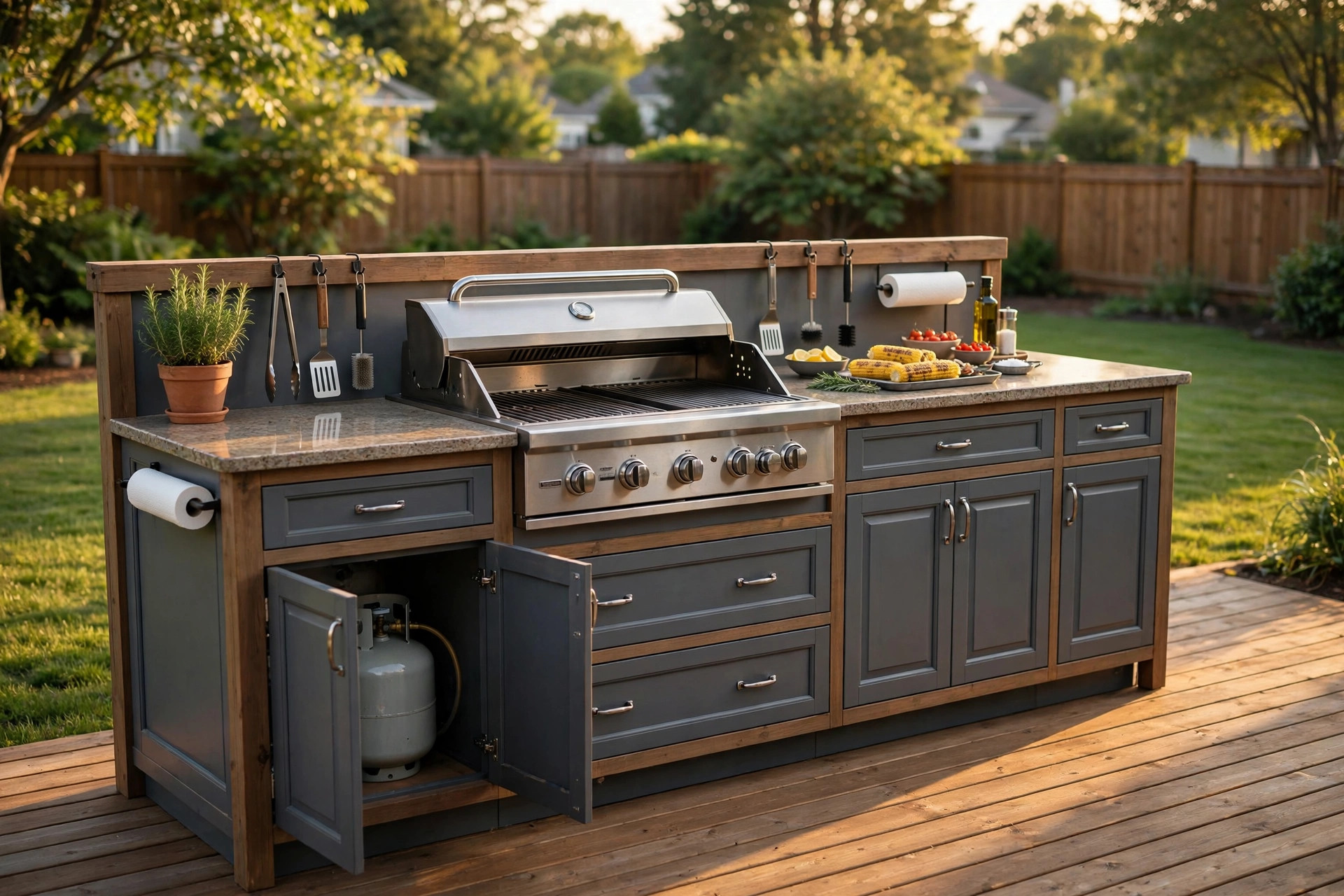 best outdoor grill station with storage: A backyard patio showing an outdoor grill station with storage cabinets