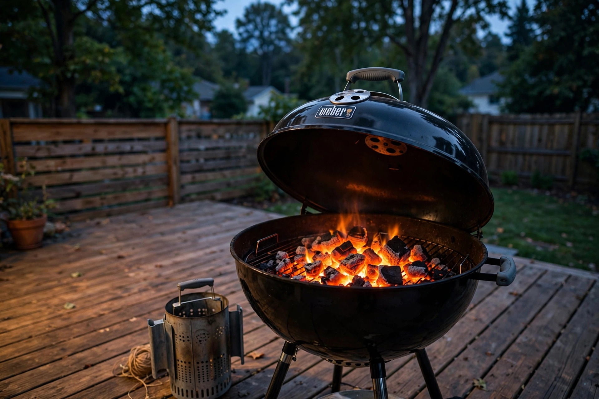 A kettle charcoal grill with glowing coals in a backyard patio at dusk, charcoal grill for beginners guide