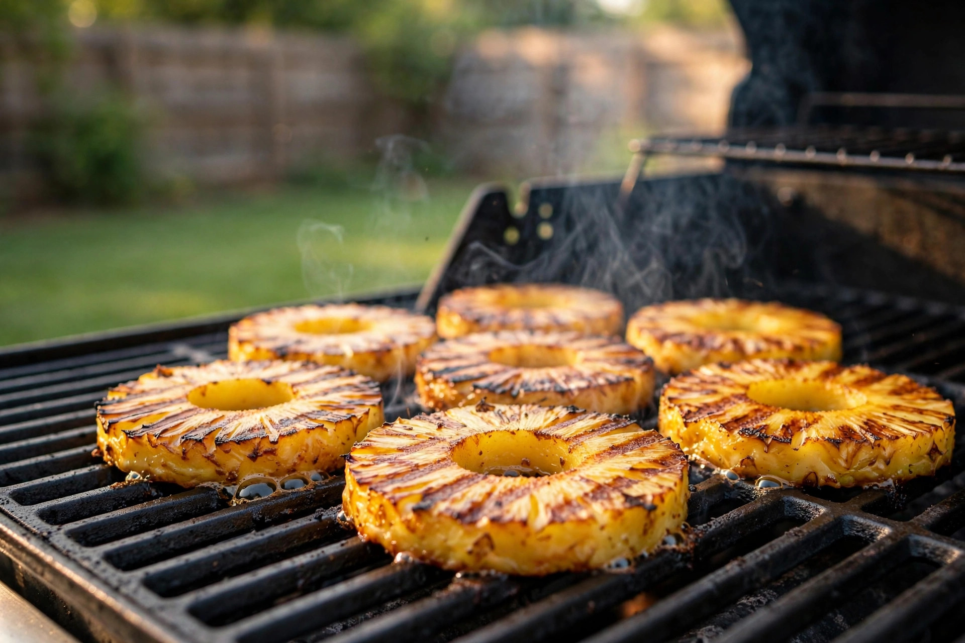 how to grill pineapple for dessert: Grilled pineapple rings with caramelized grill marks on a barbecue grill