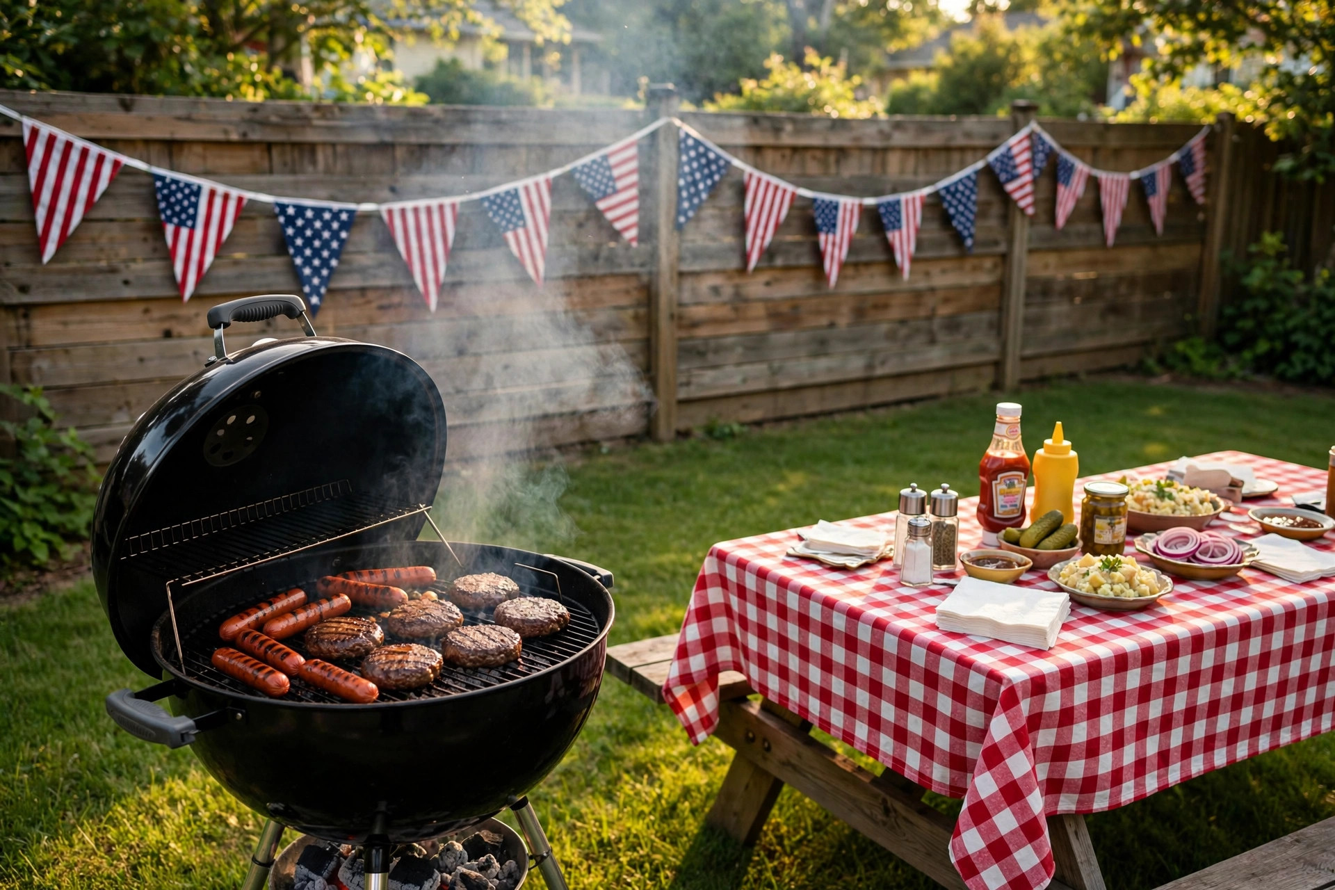 best bbq for fourth of july party: A backyard grill loaded with burgers and hot dogs for a Fourth of July party