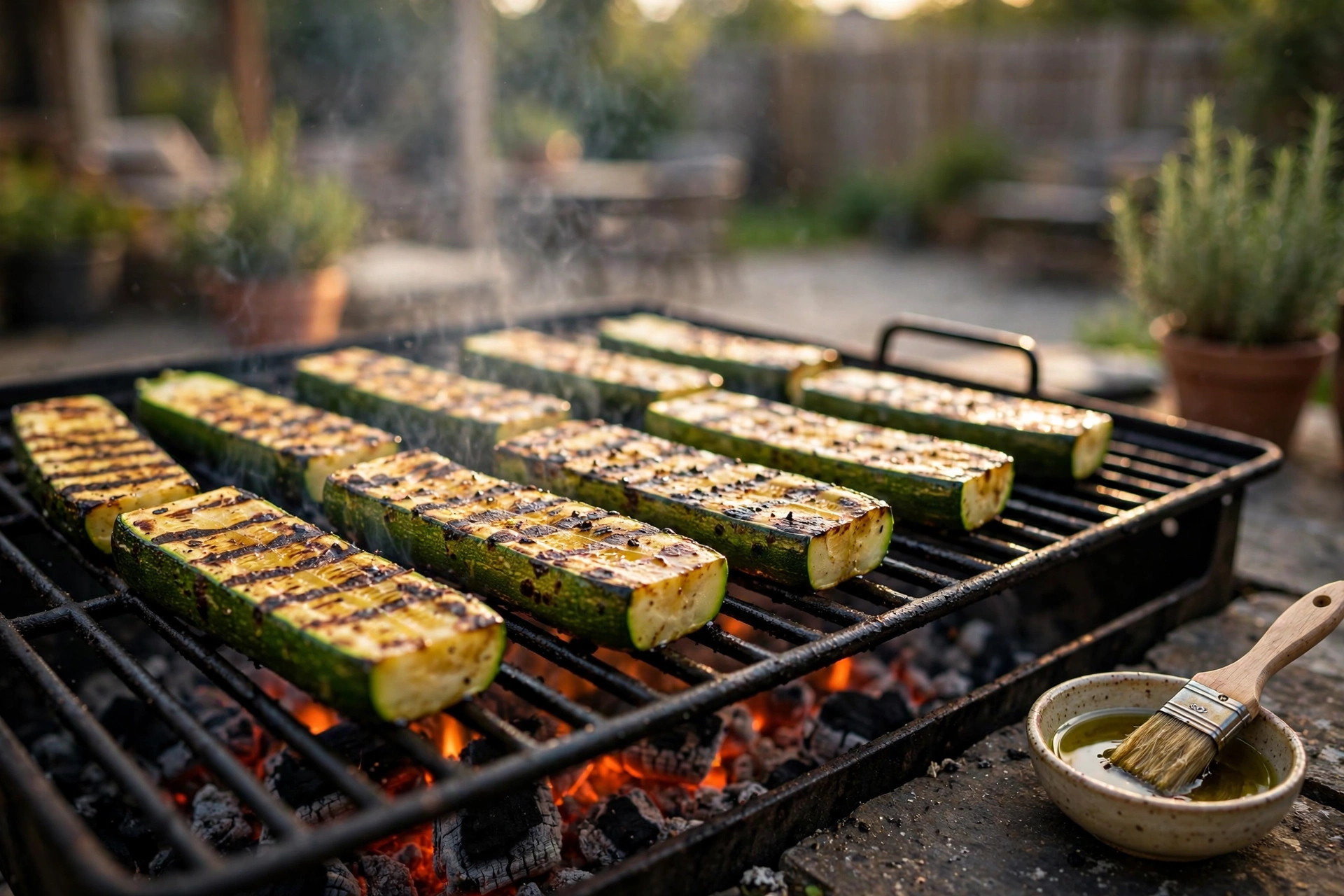 how to grill zucchini without mushy: Grilled zucchini slices on a hot grill, golden grill marks, firm texture