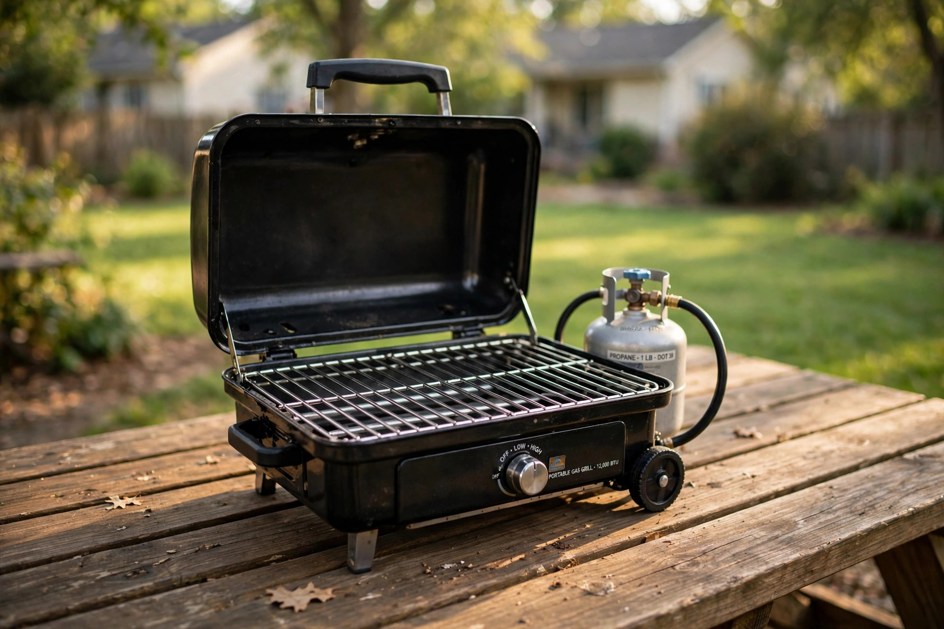 how to clean portable grill grates: Close-up of a small portable gas grill with clean grates on an American backyard patio