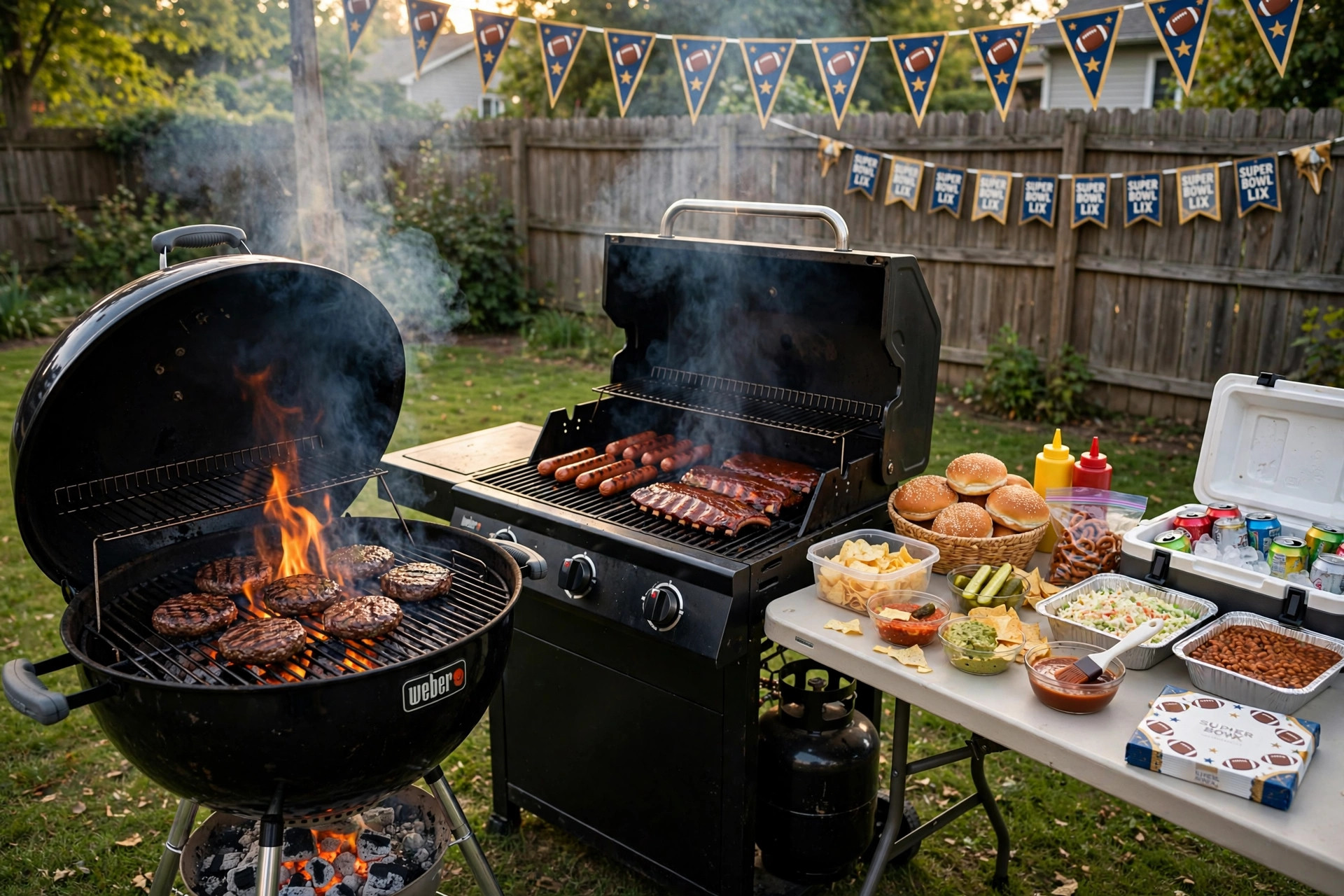 best bbq for super bowl party: Backyard barbecue grill with burgers and ribs ready for a Super Bowl party
