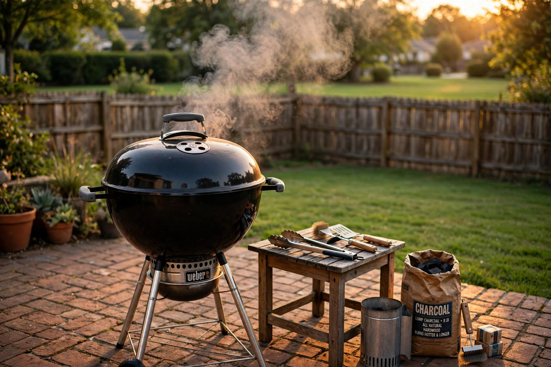 charcoal grill deals near me usa: Charcoal grill on a brick patio in an American backyard, with smoke rising