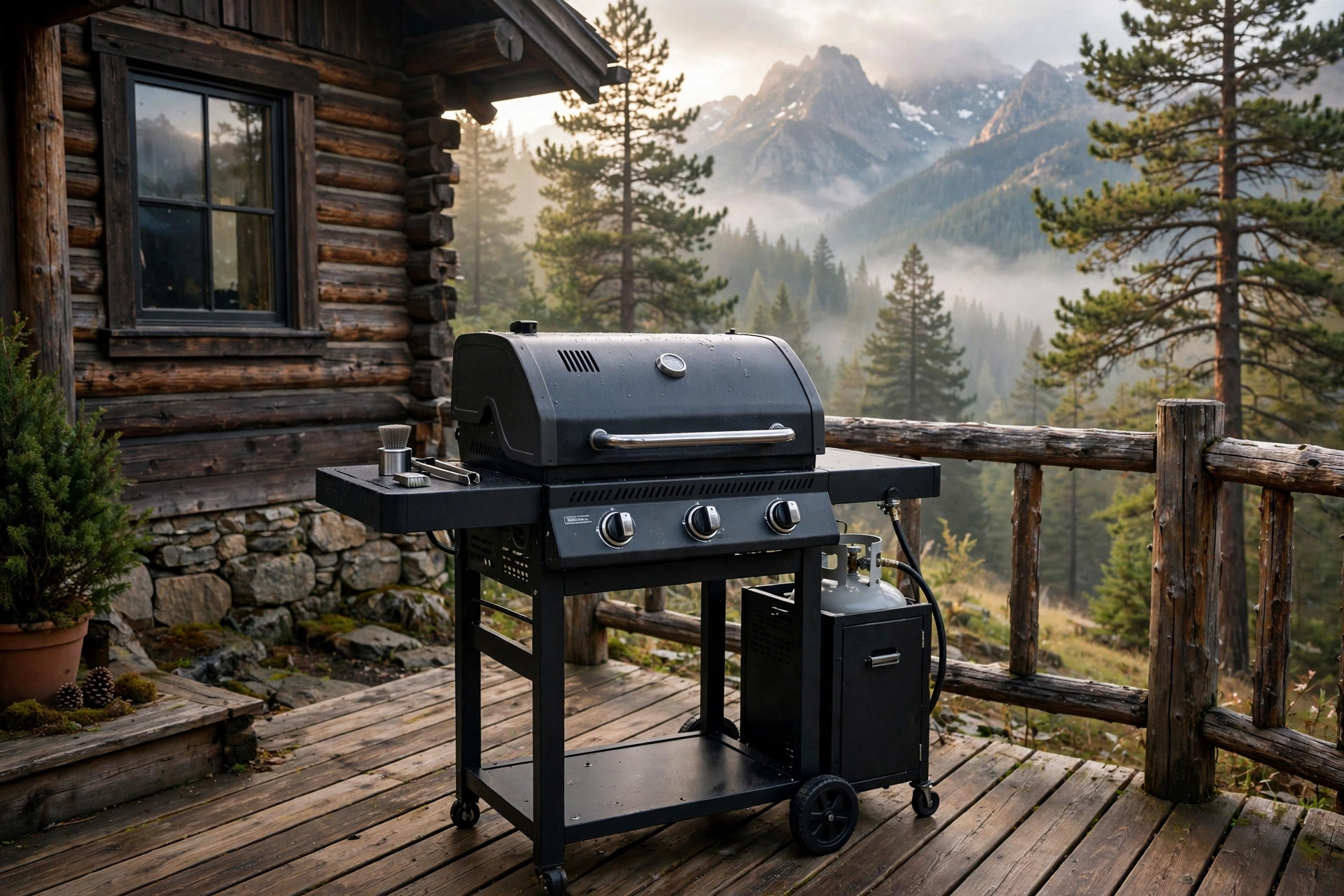 The best outdoor grill for mountain cabin decks, set up and ready for dinner