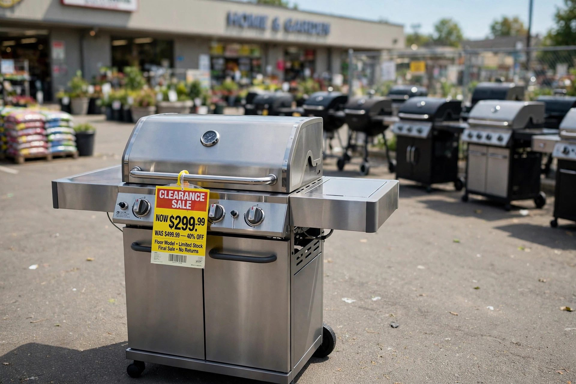 gas grill clearance sale near me: A gas grill on clearance sale display in a home and garden store