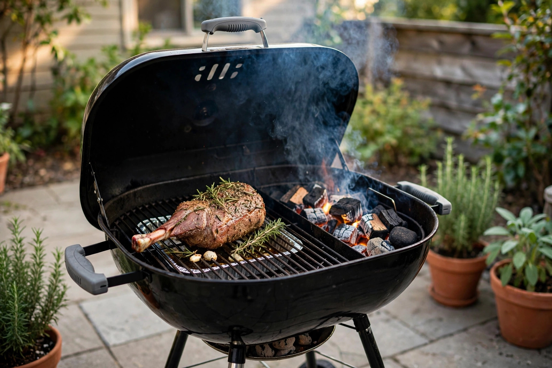 A charcoal grill smoking lamb in a backyard, showing how to smoke lamb on charcoal grill