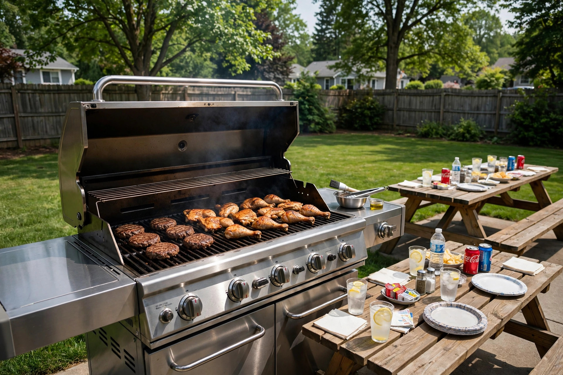 best bbq for family reunion cookout: A large BBQ grill cooking for a family reunion cookout in an American backyard