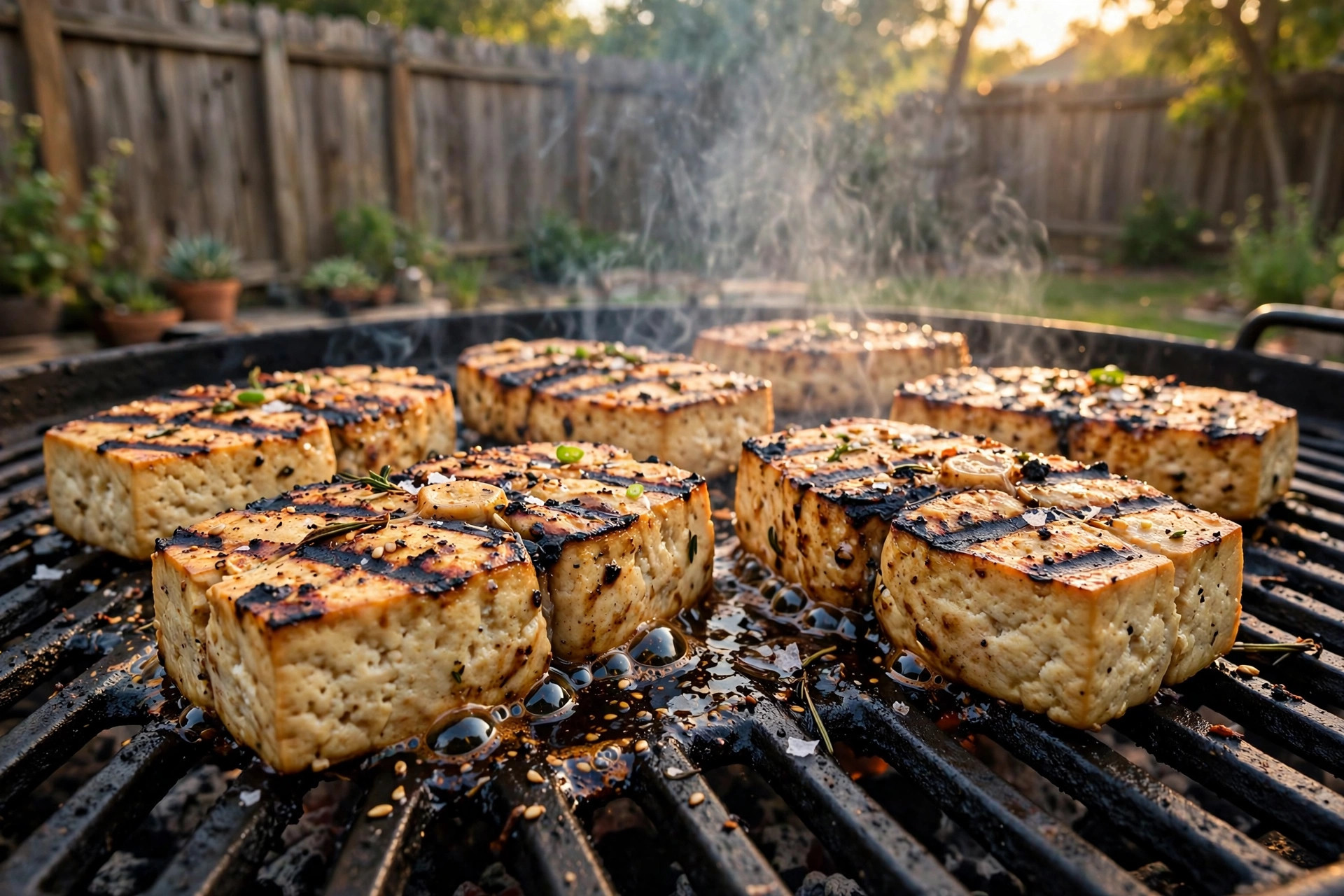 Grilled tofu steaks with char marks on an outdoor grill for how to grill tofu for non meat eaters