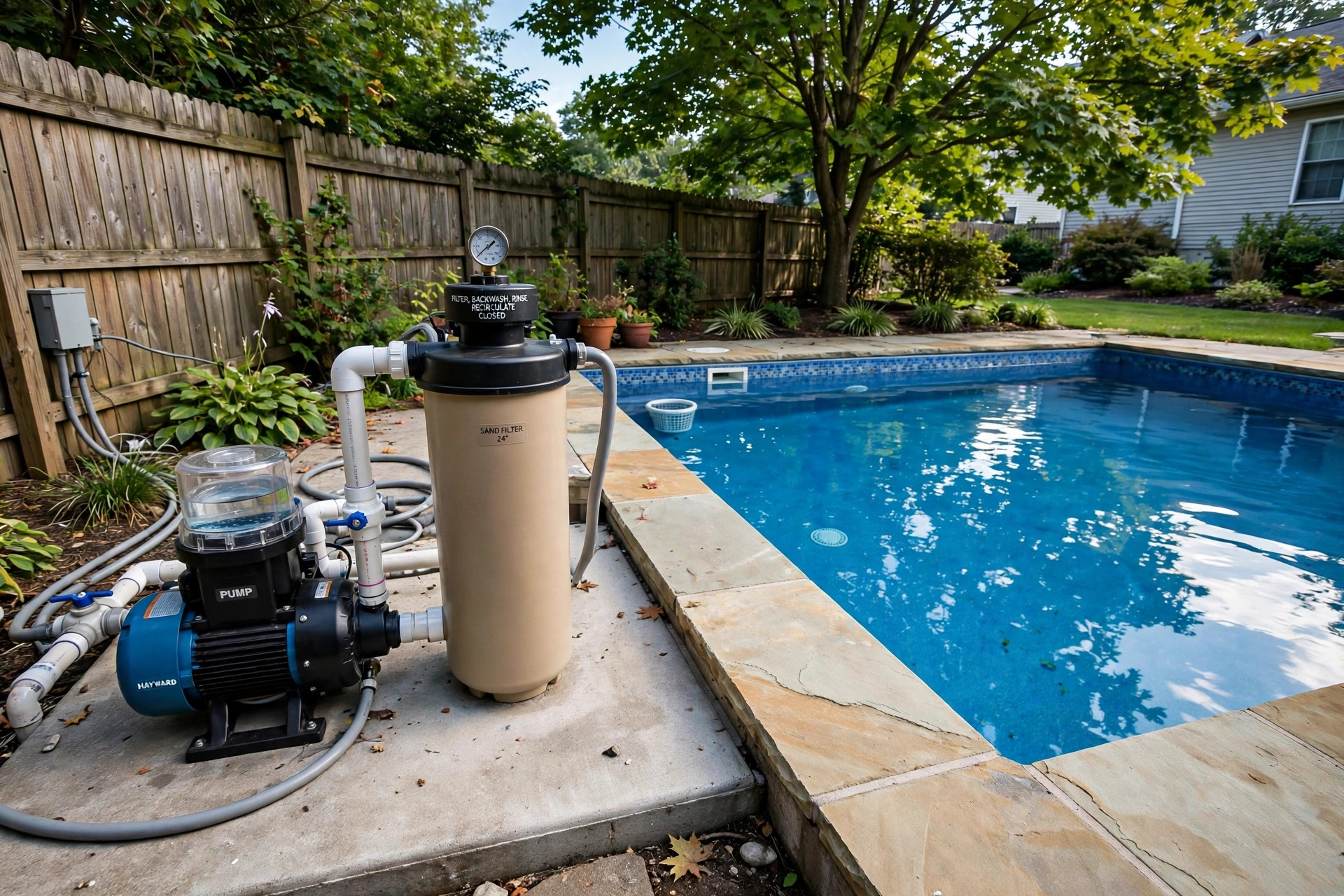 best pool pump for inground pools: Pool pump and filter beside an inground swimming pool