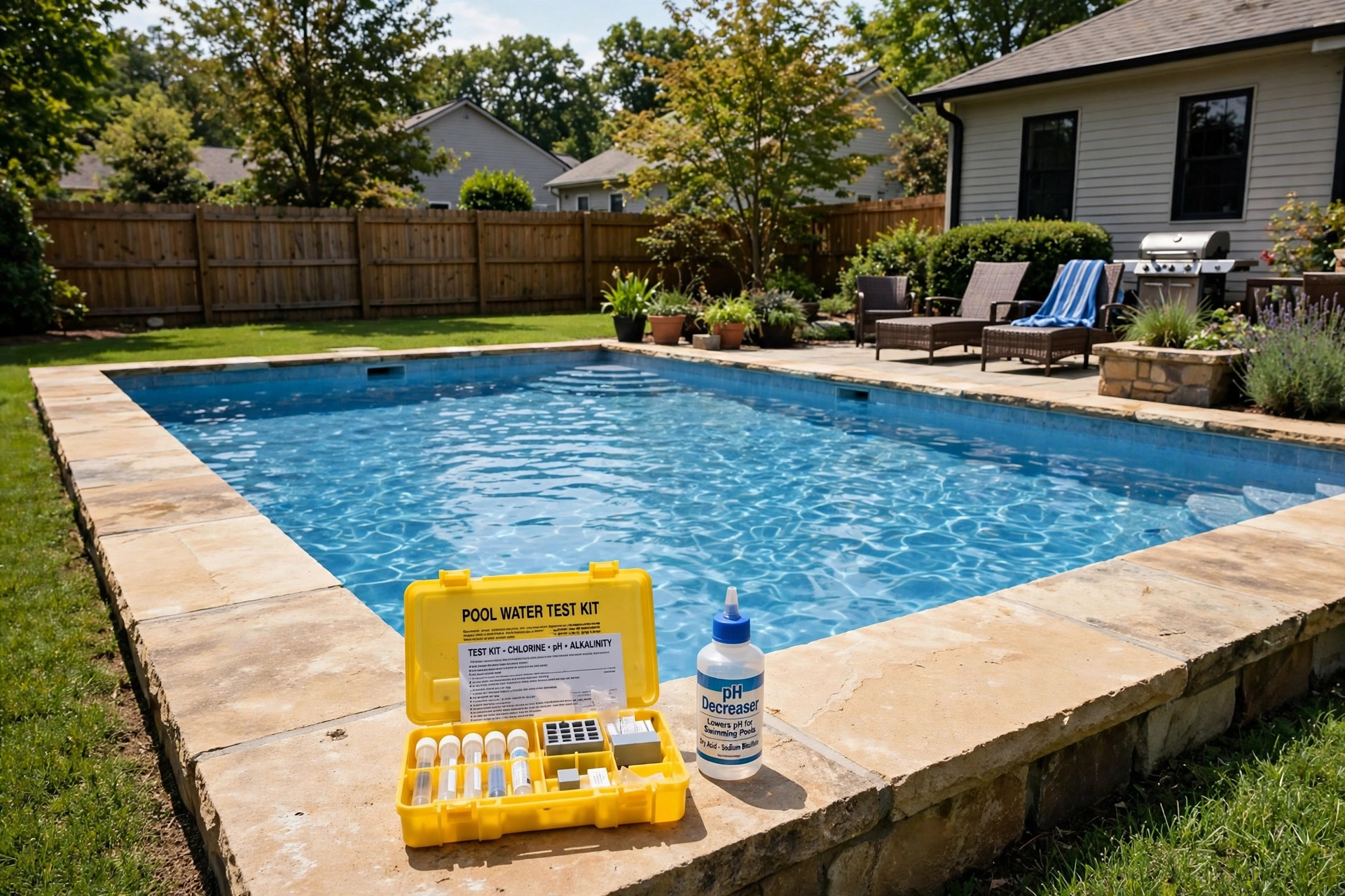 Pool water test kit showing how to lower pool pH levels safely