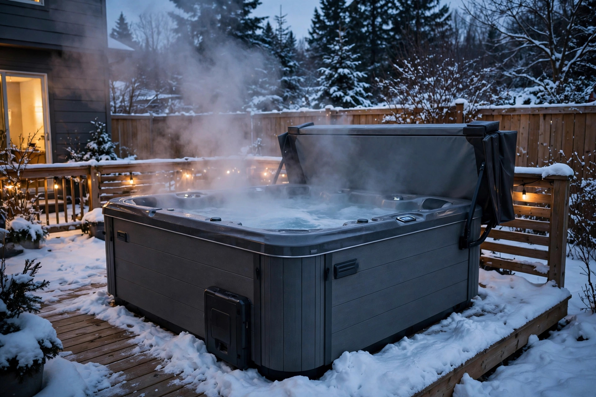 Steaming hot tub in a snowy backyard, best hot tub for cold climates