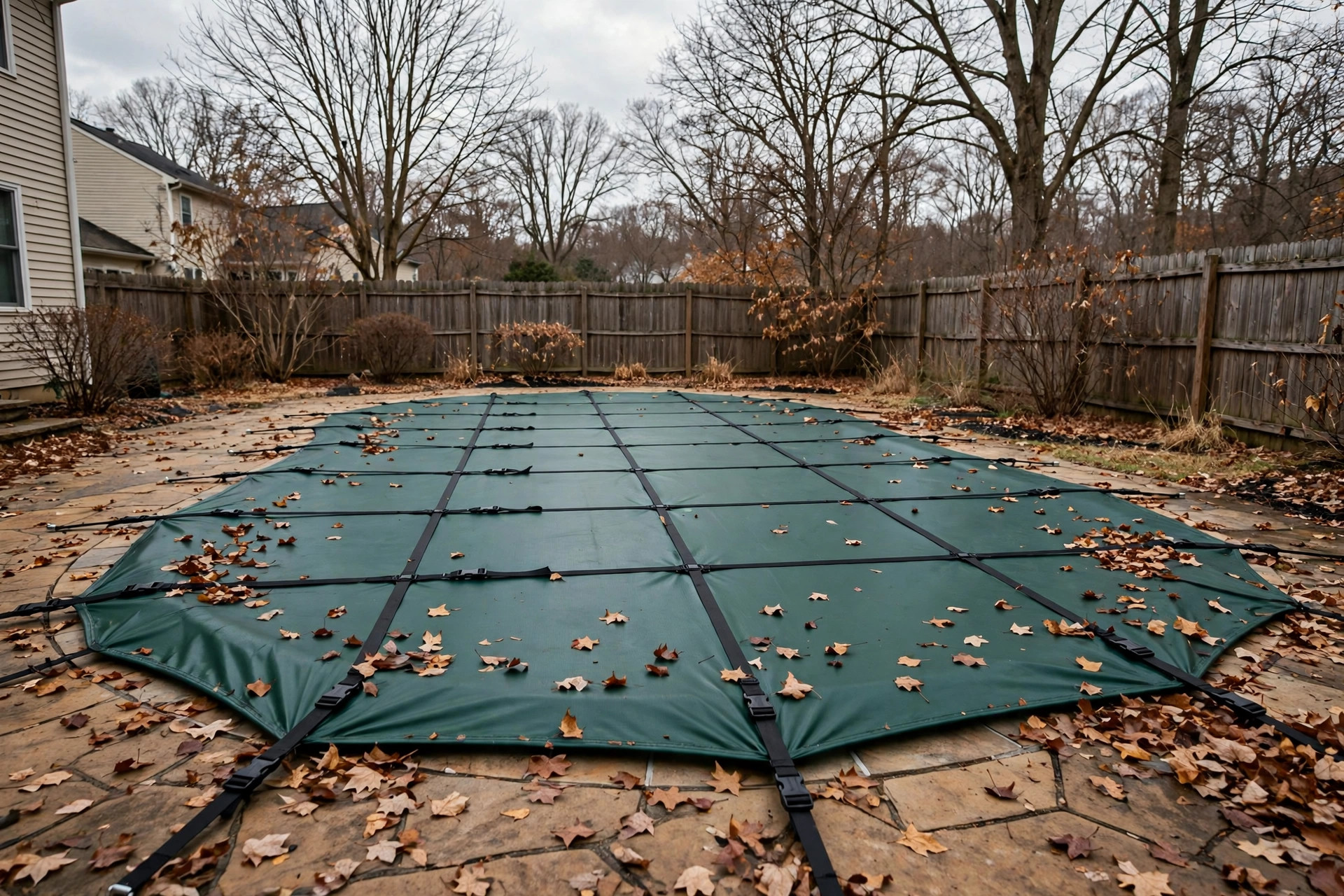 best pool cover for winter reviews: A backyard swimming pool covered with a winter pool cover