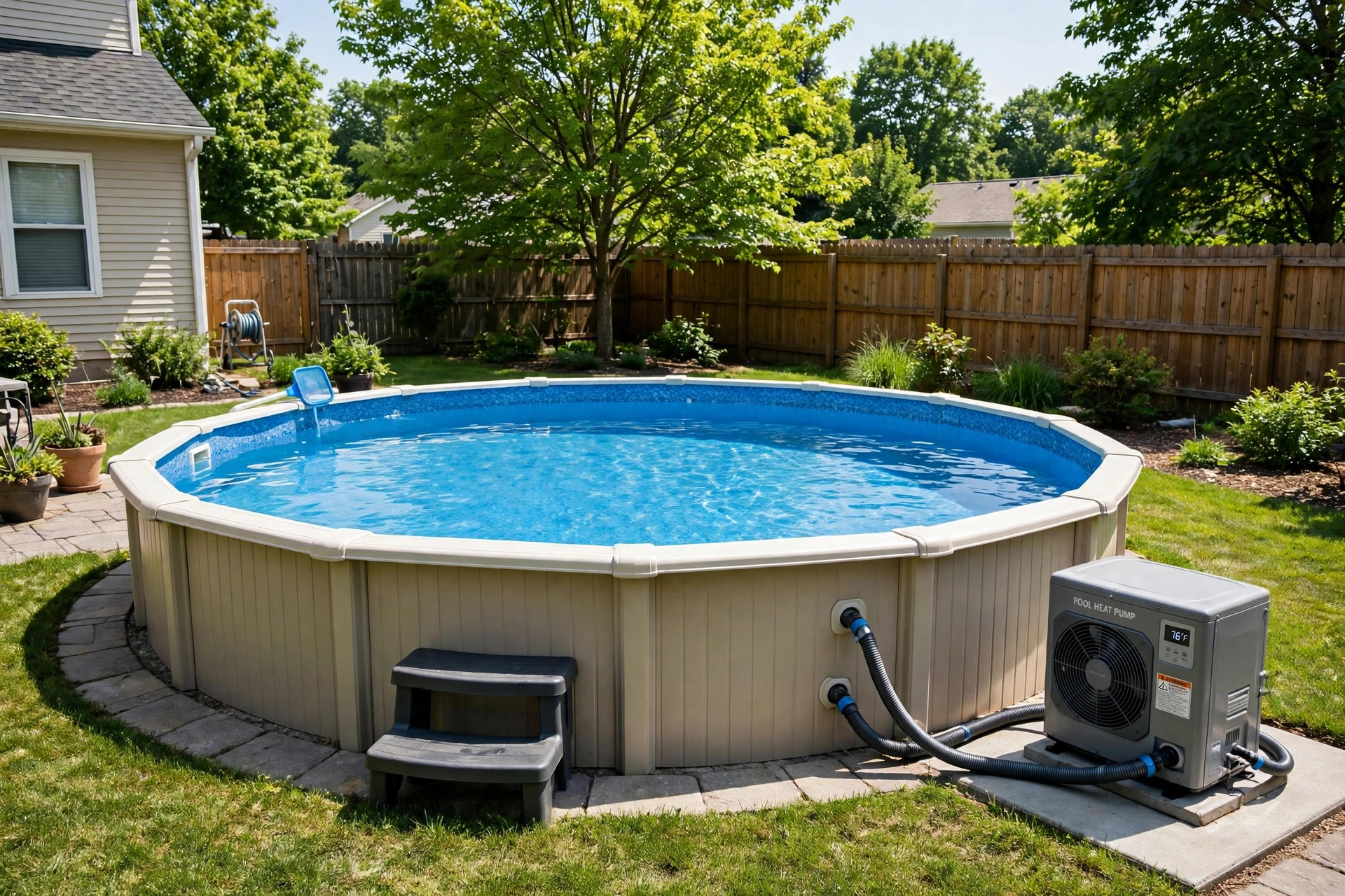 pool heater for above ground pools: Above ground pool with a small pool heater installed beside it