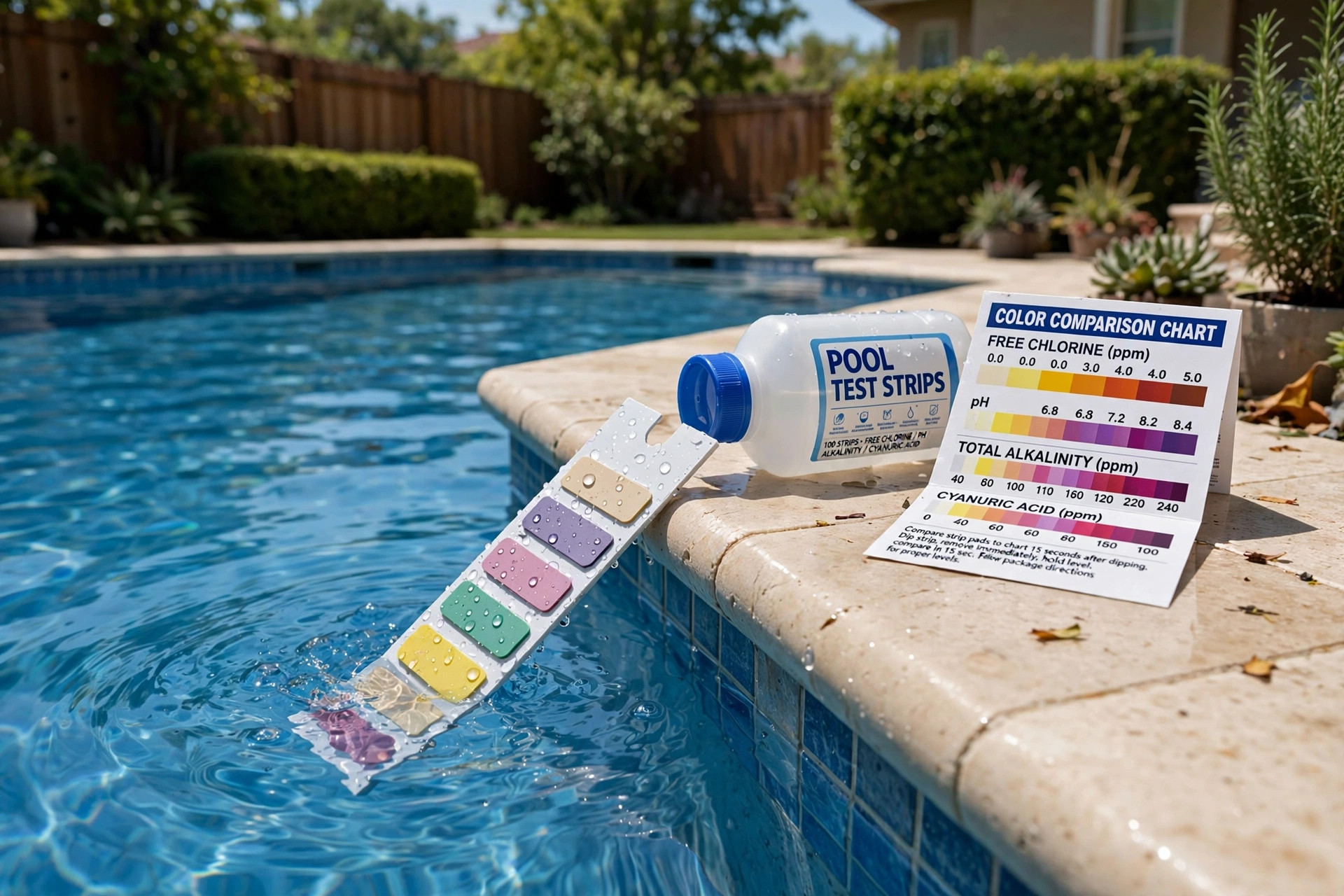 best pool test strips accurate reviews: Pool test strip testing blue pool water with color chart