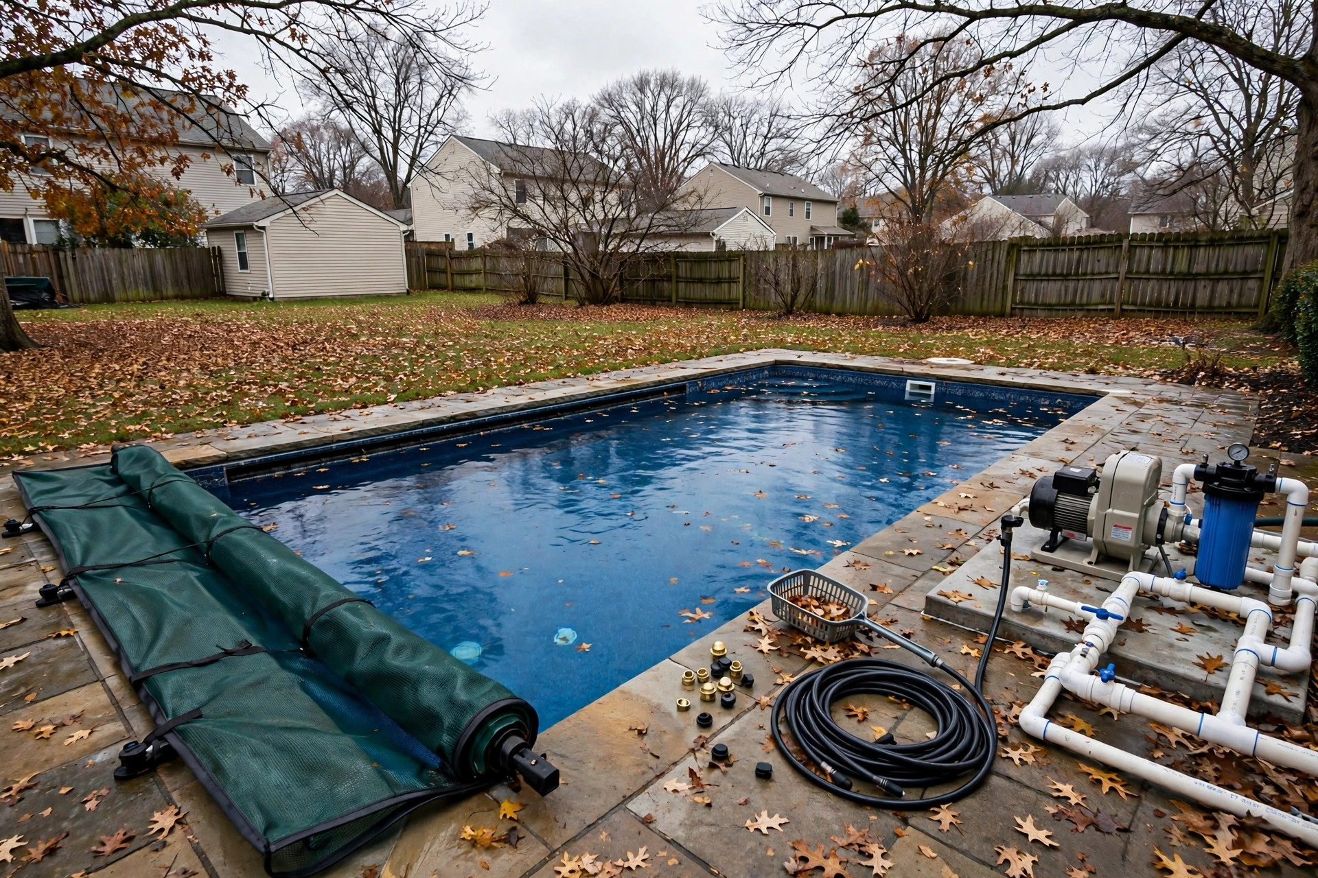 A winterized inground pool with a green safety cover fitted for the cold season, showing how to winterize inground pool properly