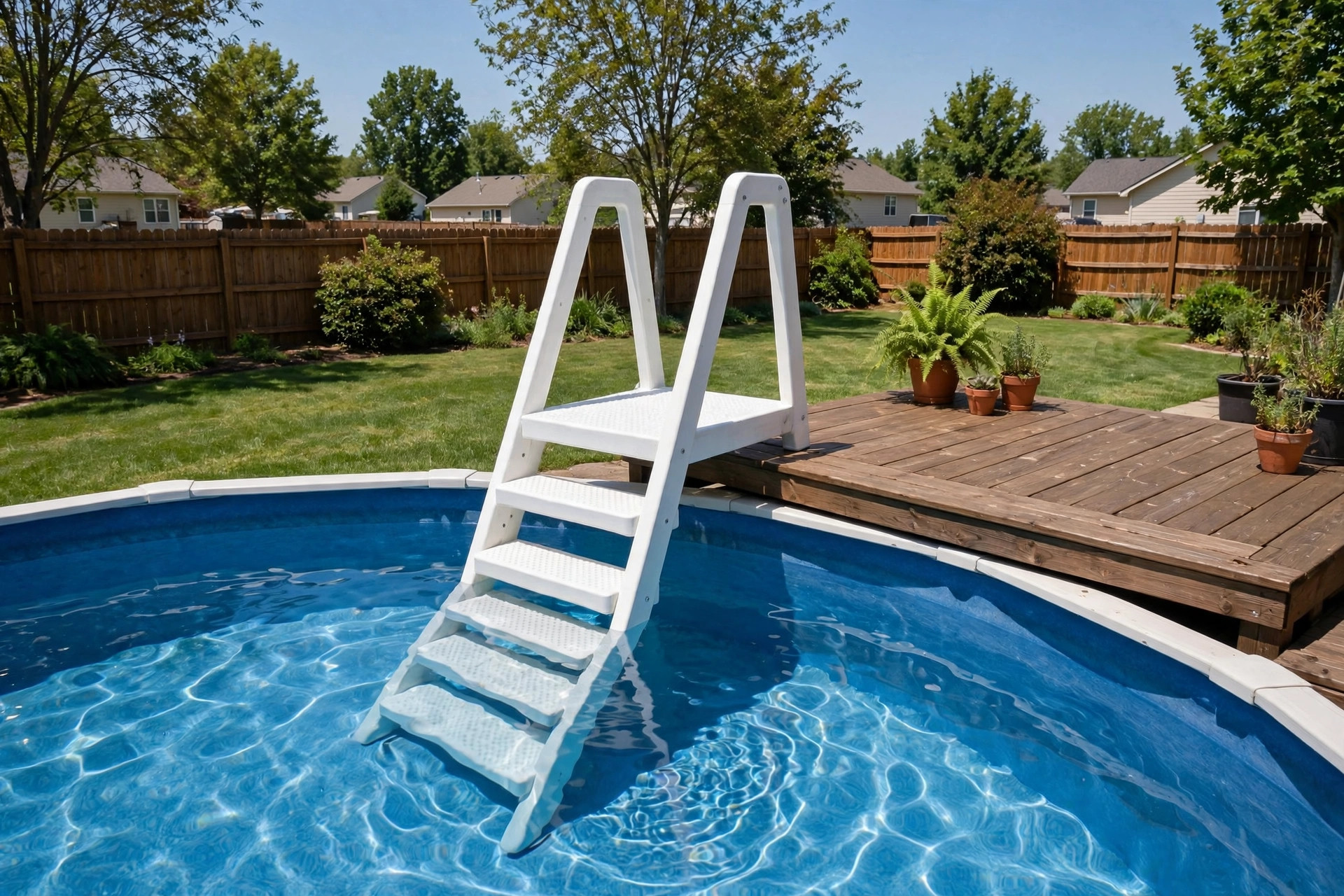 best pool ladder for above ground: A-frame pool ladder with wide steps at an above ground pool