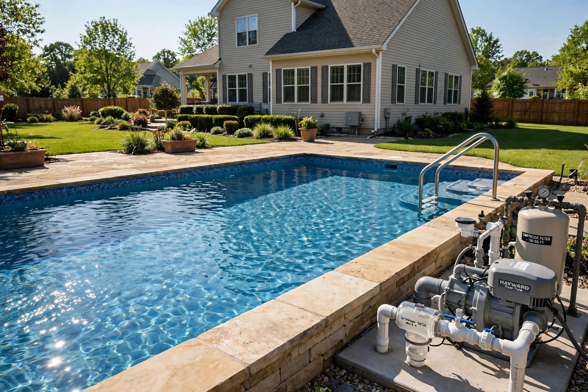 A backyard inground pool showing salt water vs chlorine pool pros cons