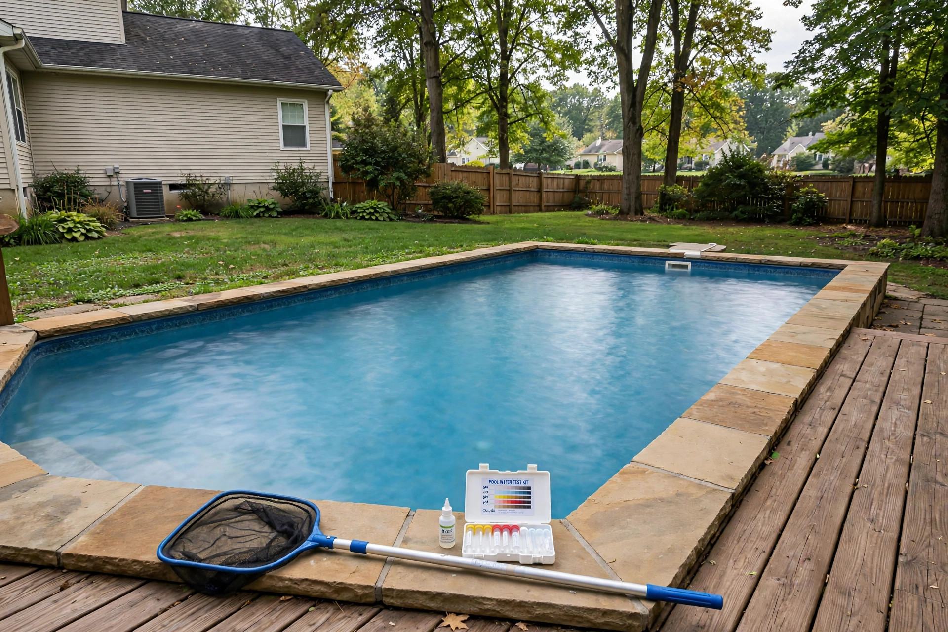 A backyard pool with cloudy water showing how to fix cloudy pool water