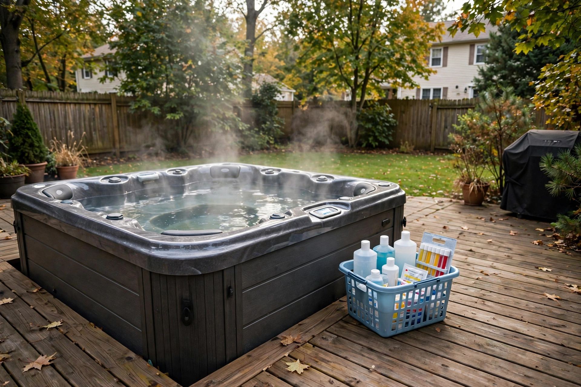 Best hot tub chemicals starter kit arranged beside a backyard hot tub