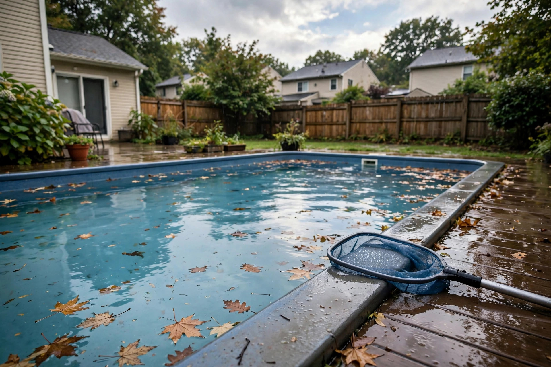 how to shock pool after rainstorm: Backyard swimming pool after a rainstorm with cloudy blue water