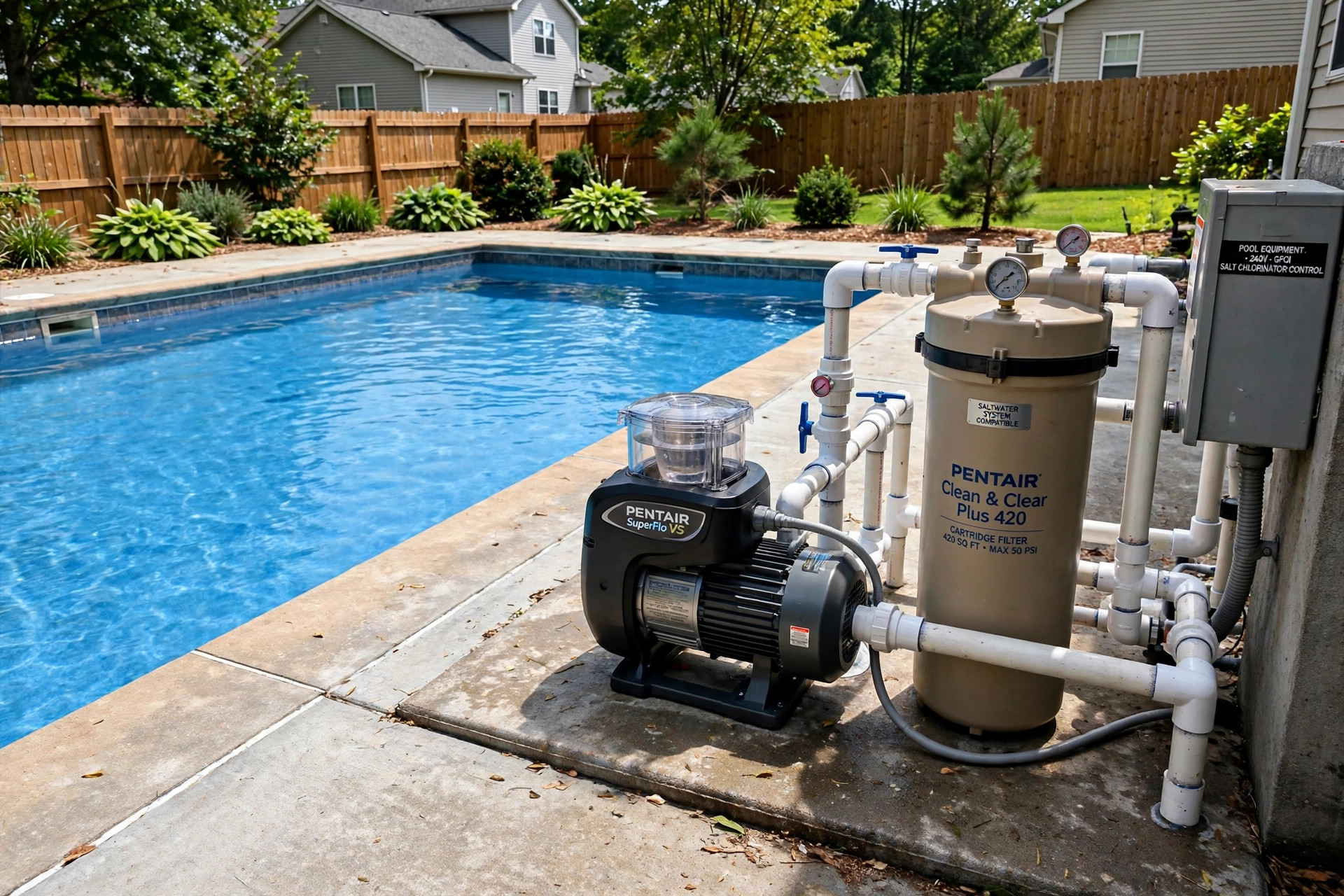 best pool filter for saltwater systems: Cartridge pool filter beside an in-ground saltwater swimming pool
