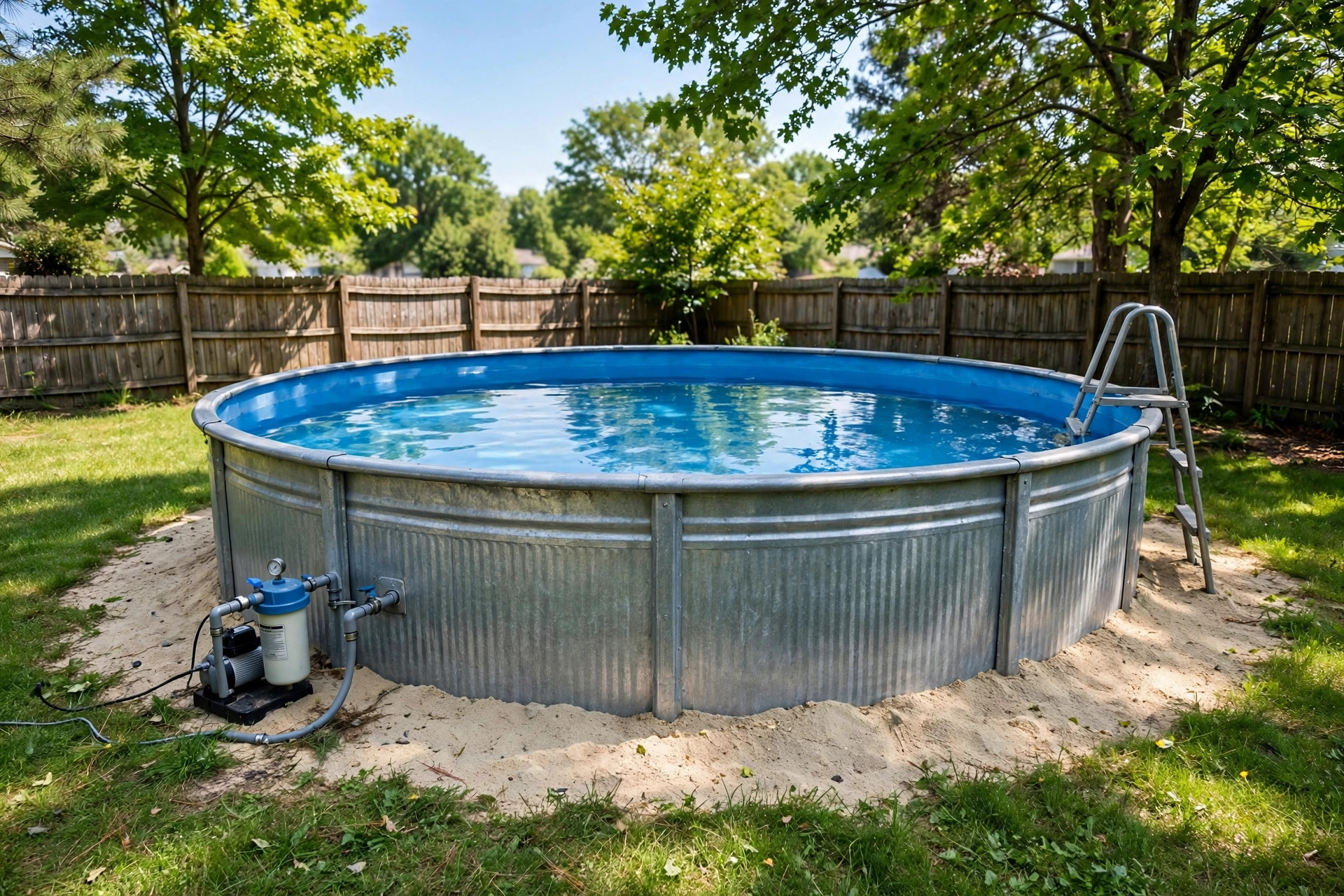 Above ground pool installation cost guide with a round steel pool in a sunny backyard