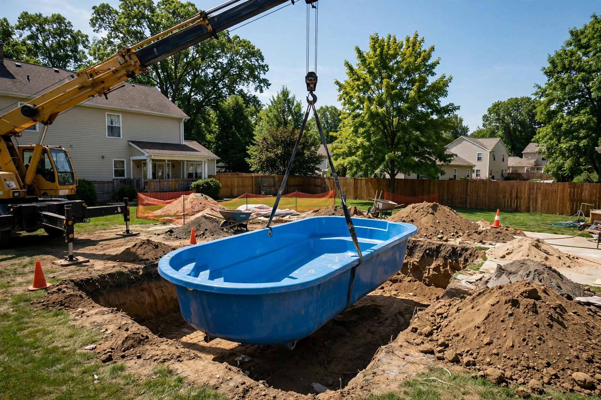 fiberglass pool installation cost usa: Fiberglass pool shell being lowered into a backyard excavation