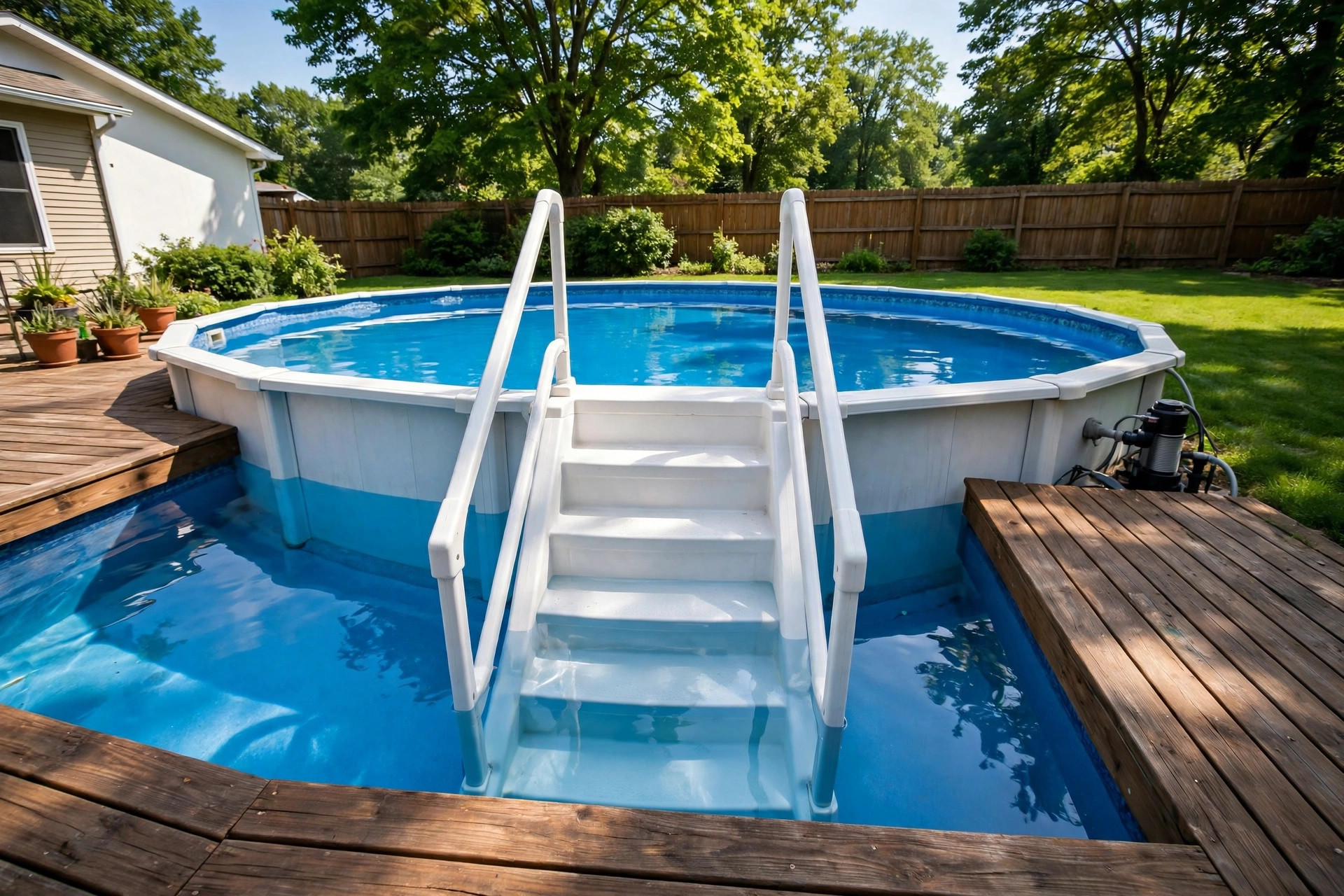 best pool steps for above ground pool with white handrails