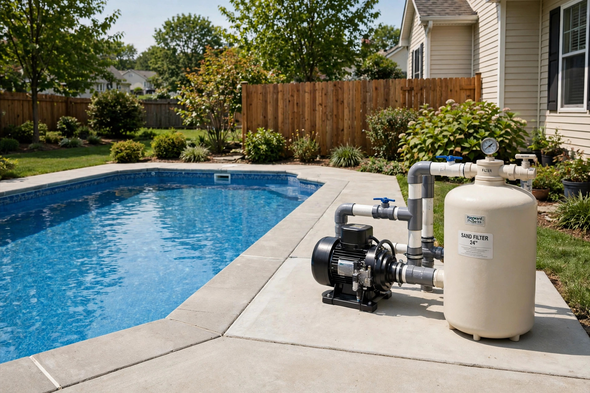 Backyard pool pump and filter equipment showing what drives the pool pump running cost per month