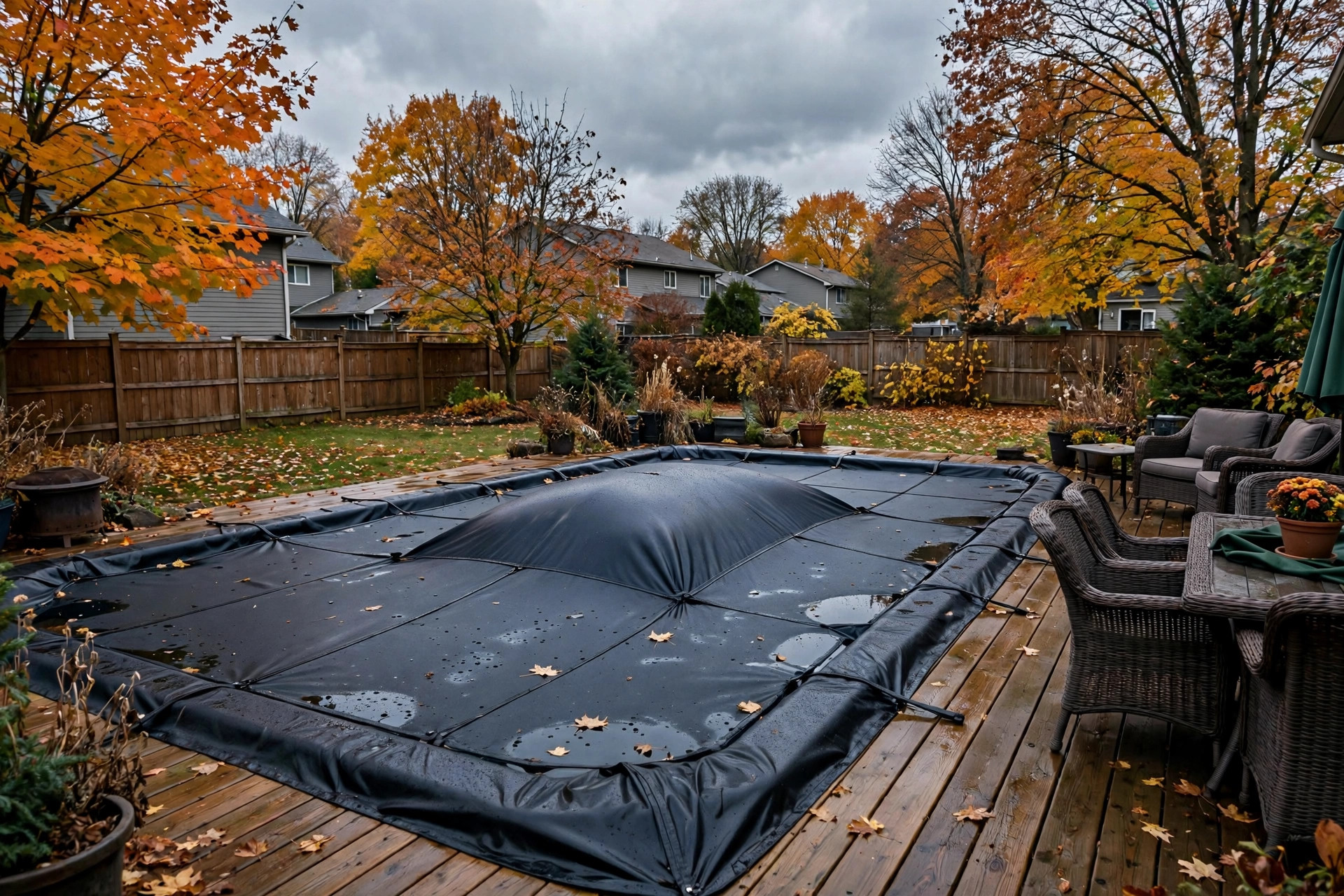 how to close pool for winter season: A covered inground pool ready for winter in a suburban backyard
