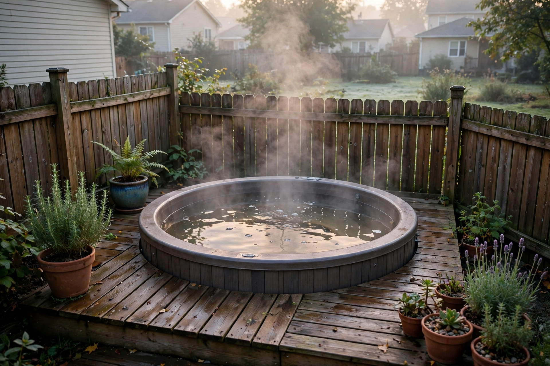 best hot tub for small backyard: A compact hot tub for a small backyard on a wooden deck
