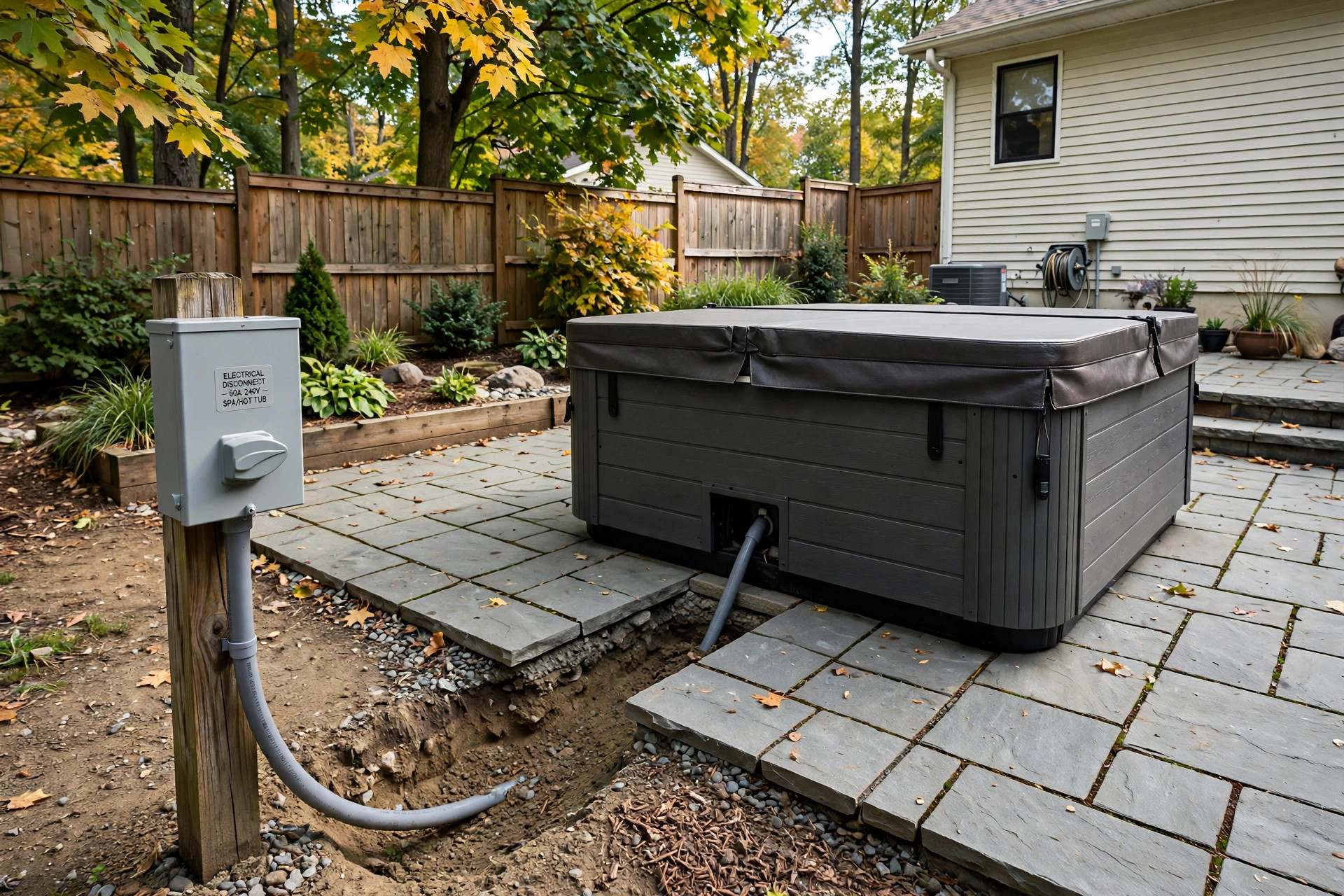 Hot tub on a patio with a nearby electrical disconnect box, hot tub electrical requirements for installation