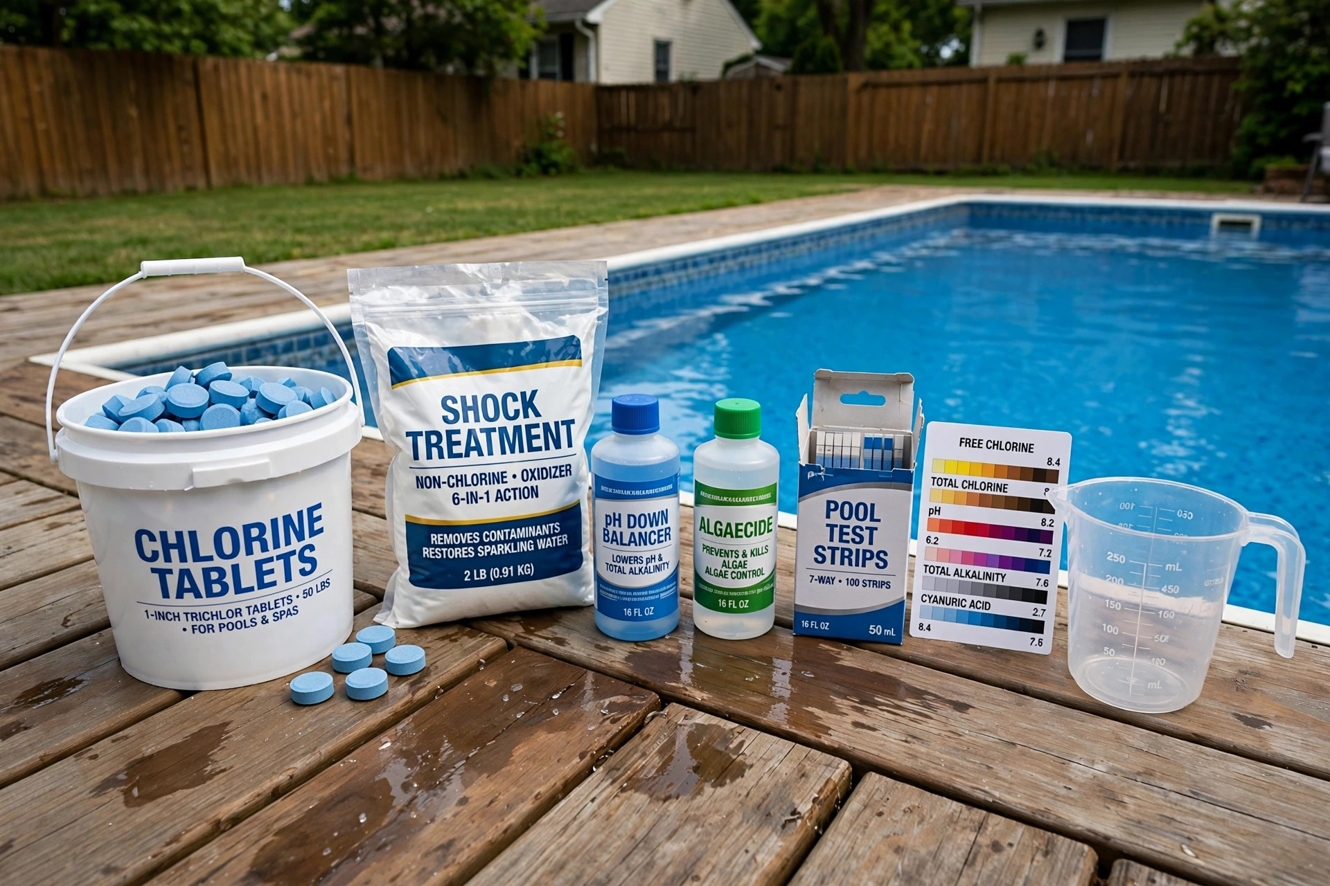 best pool chemicals for beginners kit: Pool chemical kit with chlorine tablets and a water test kit on a deck