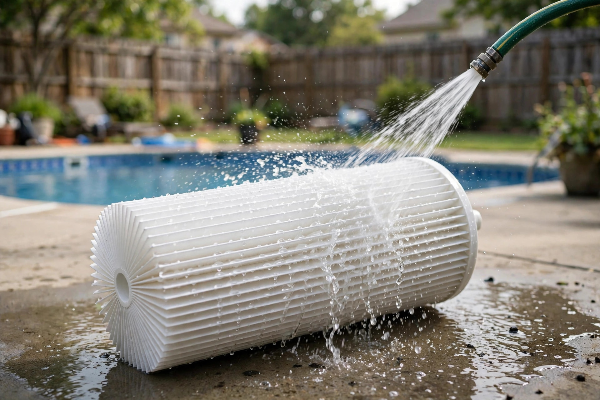 A white pleated pool filter cartridge being rinsed with a garden hose, showing how to clean pool filter cartridge
