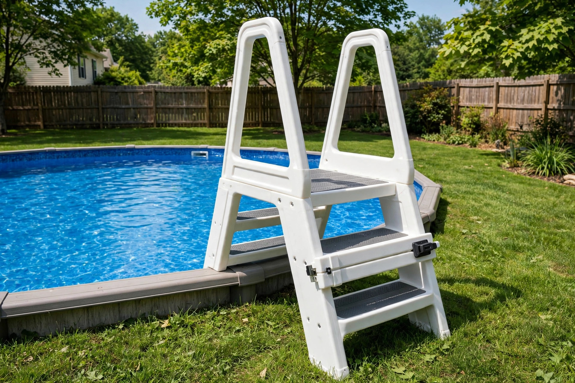 best above ground pool ladder with gate: Above ground pool ladder with gate in a backyard pool setting