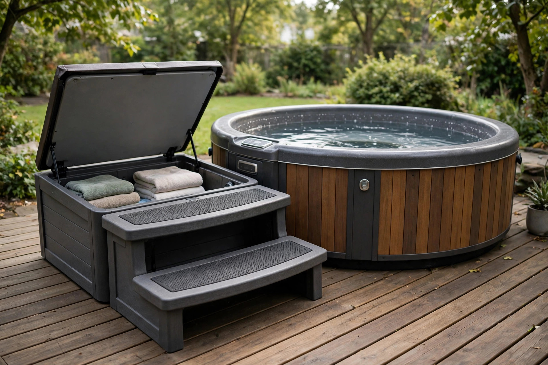 Best hot tub steps with storage beside a round spa on a wooden backyard deck