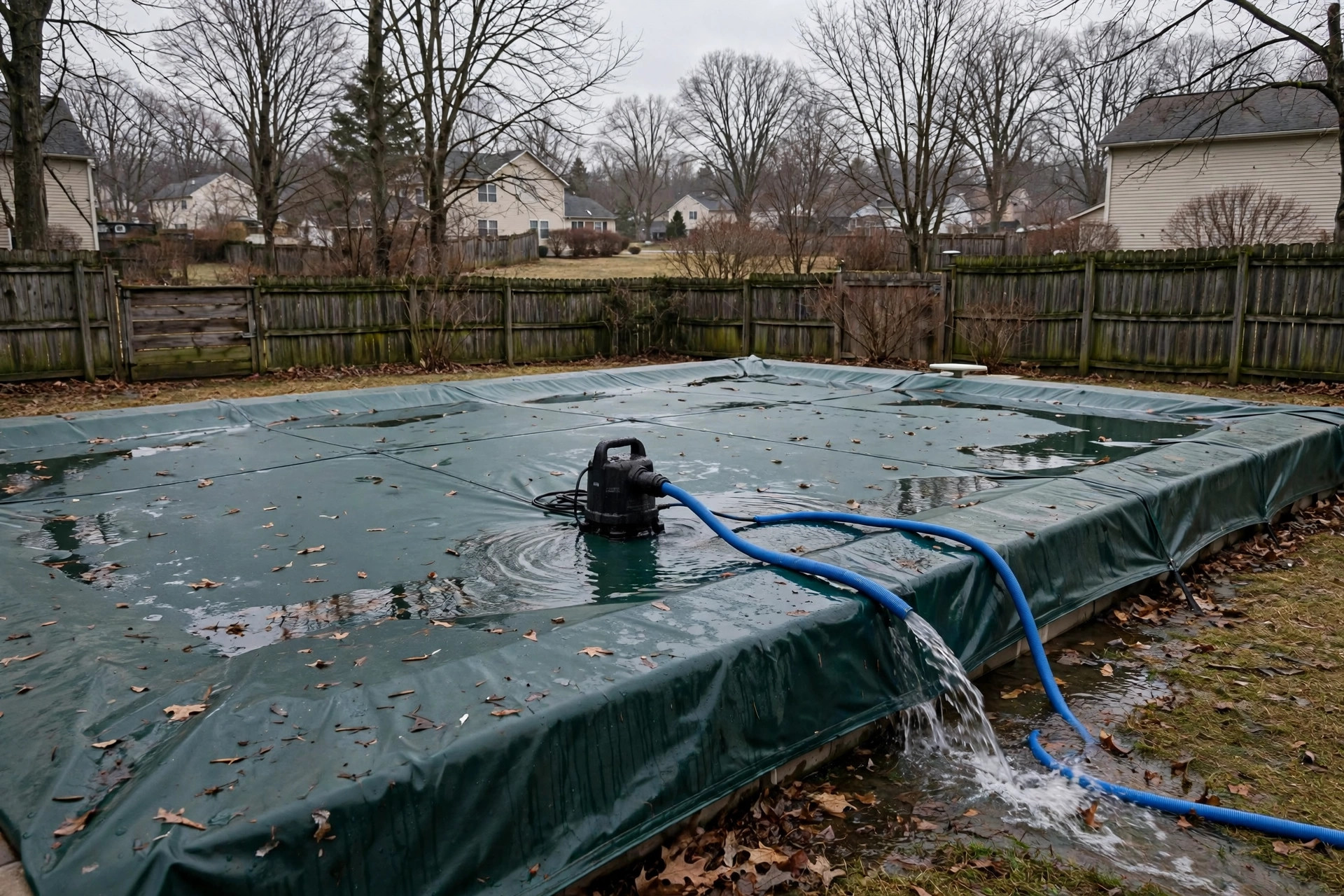 best pool cover pump for winter: A pool cover pump clearing rain water from a winter pool cover in a backyard