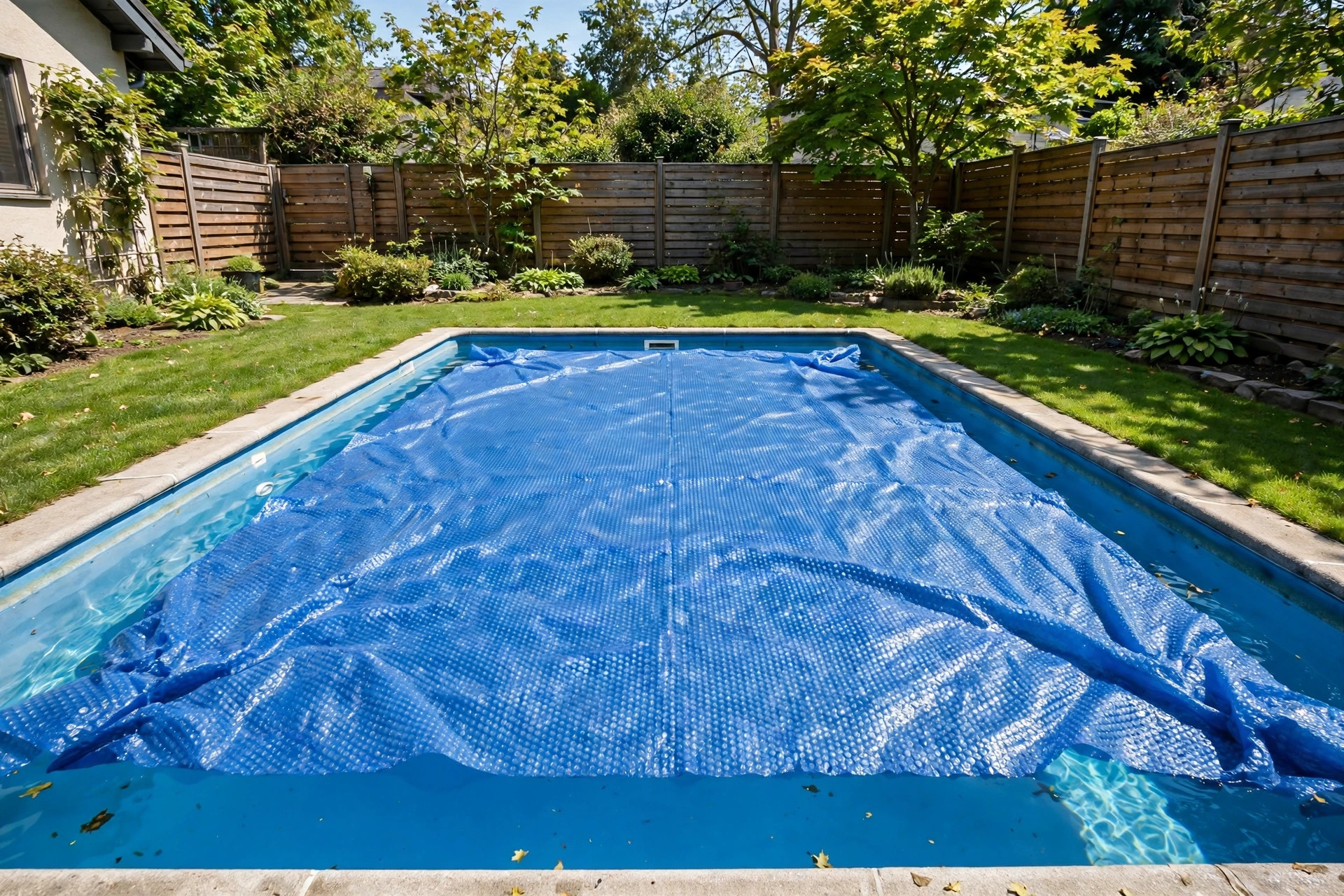 how to heat pool without heater: A backyard swimming pool with a blue solar cover on the water surface