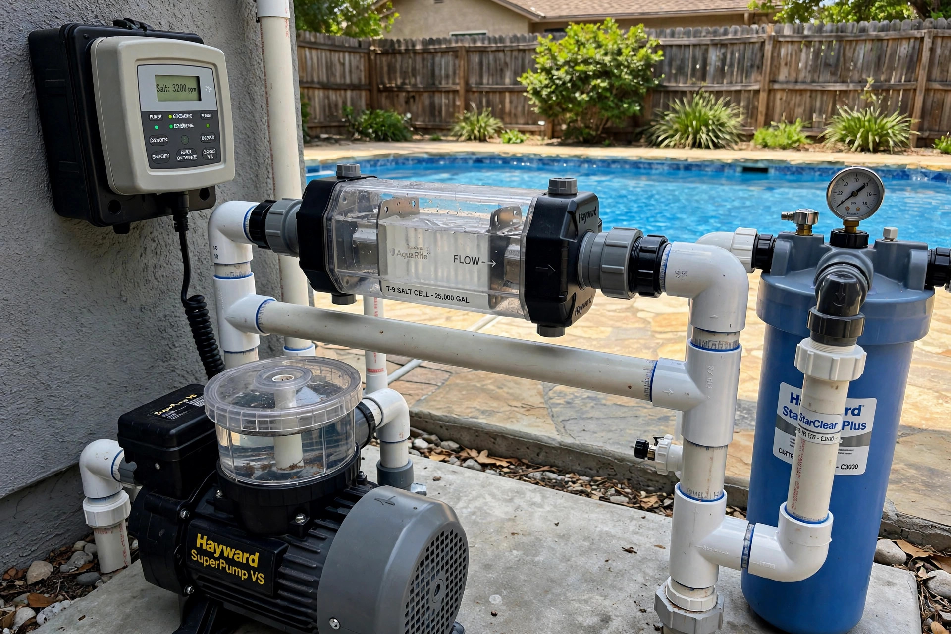 salt cell replacement cost for pools: Salt chlorine generator cell beside a swimming pool equipment pad